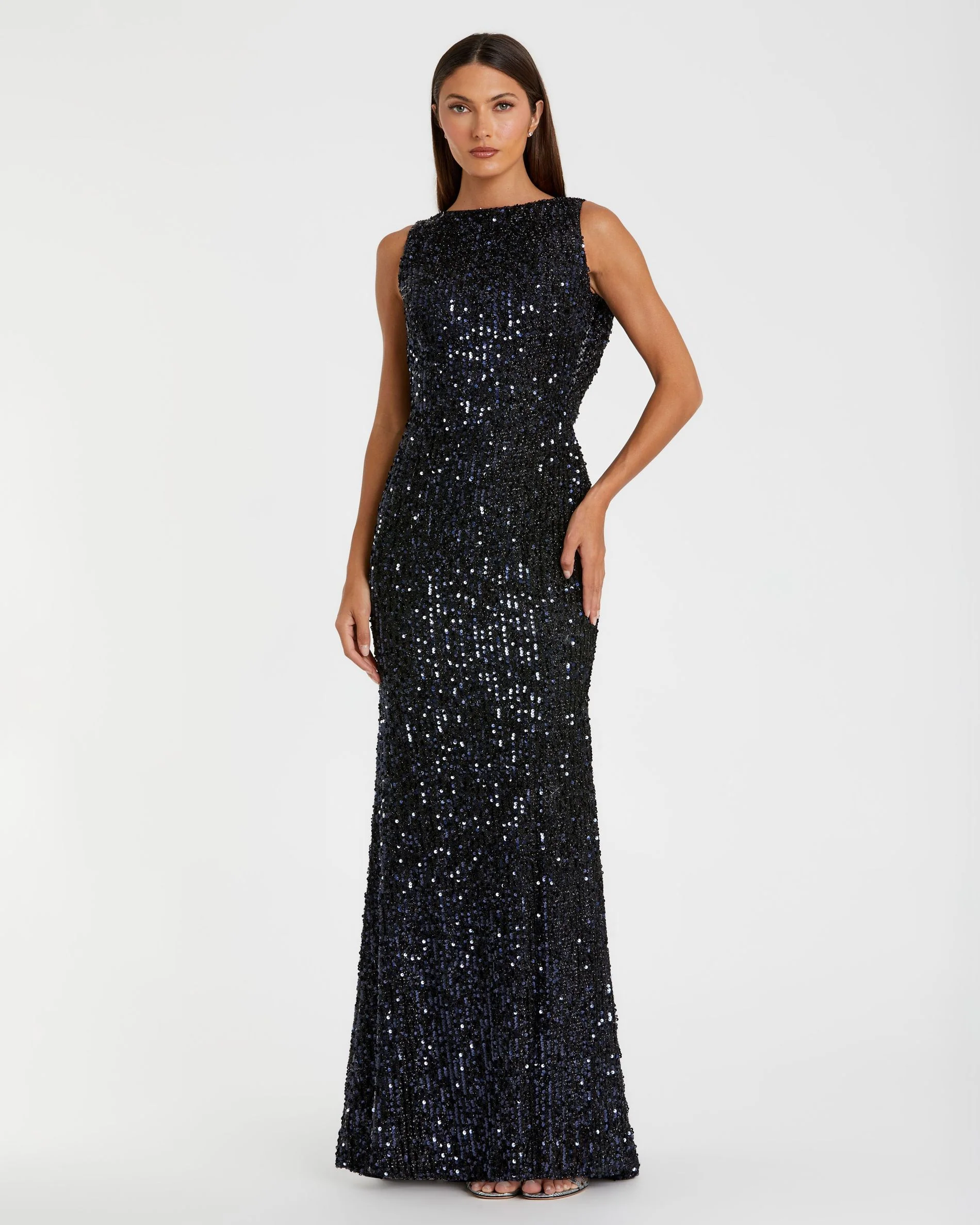 Petite Navy Cowl Back Boat Neck Sequined Evening Gown - Special Events Unlimited