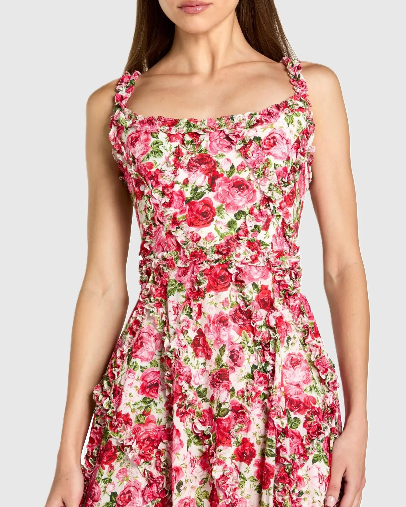 Petite Pink Ruffle Scoop Neck Floral A-Line Dress - Special Events Unlimited