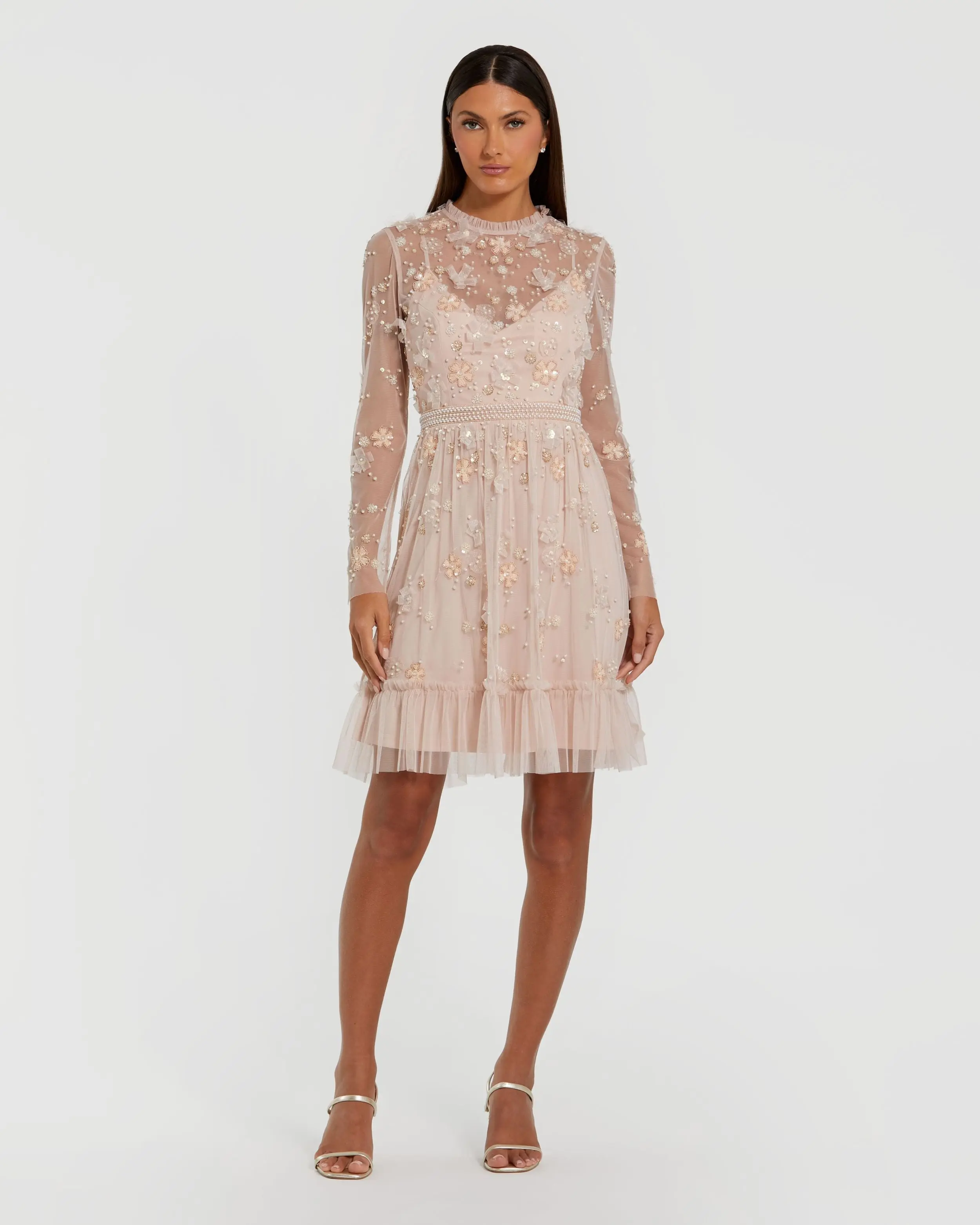 Light Pink Sheer Long Sleeve Embellished Mini Dress - Special Events Unlimited