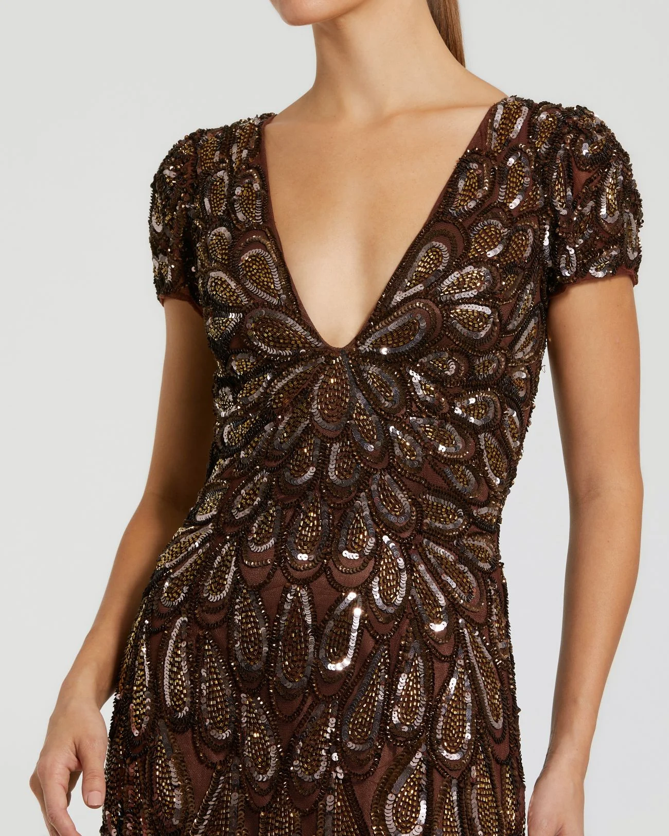 Brown Embellished Deep V Column Gown - Special Events Unlimited