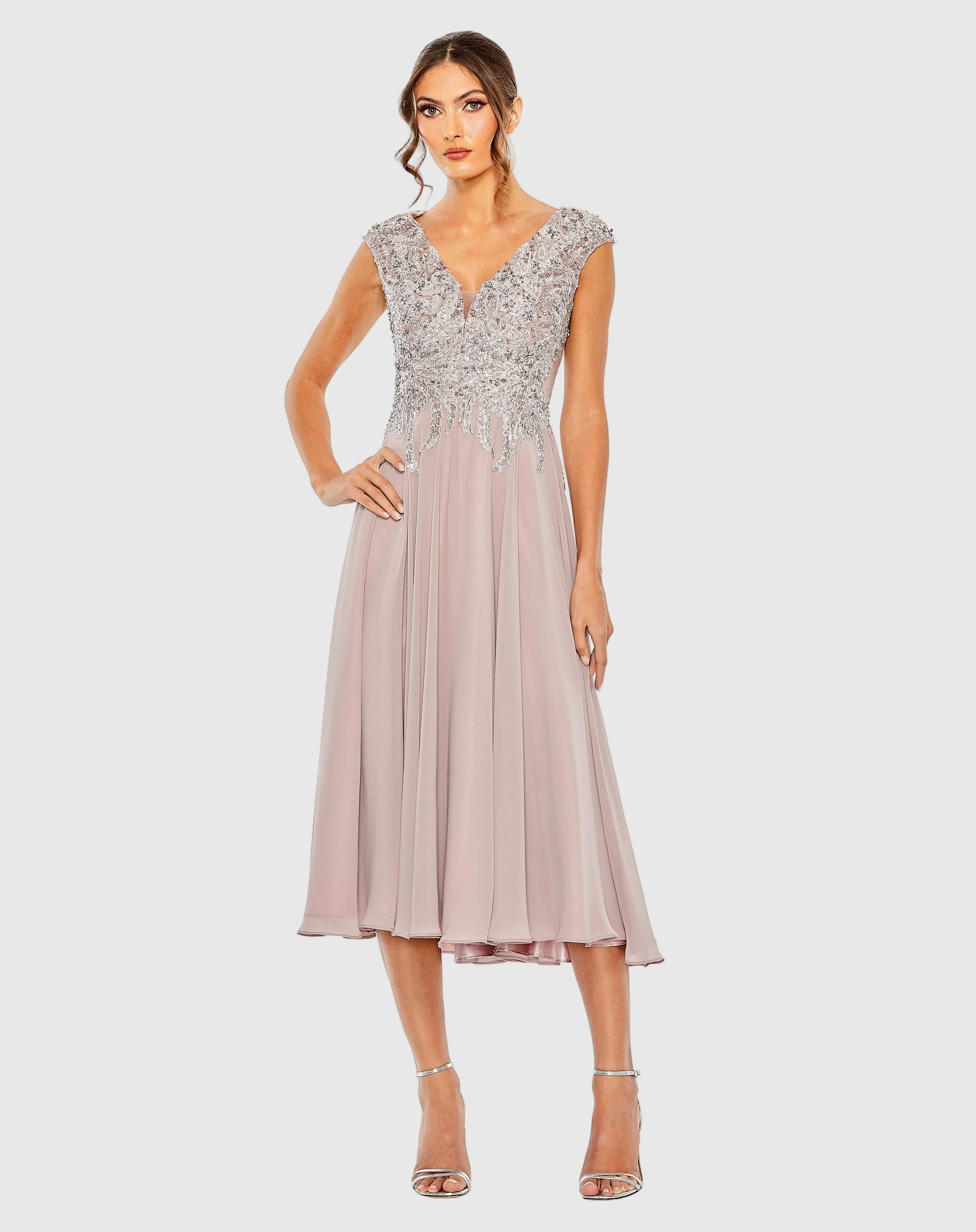 Purple Embroidered Chiffon A-Line Midi Dress - Special Events Unlimited