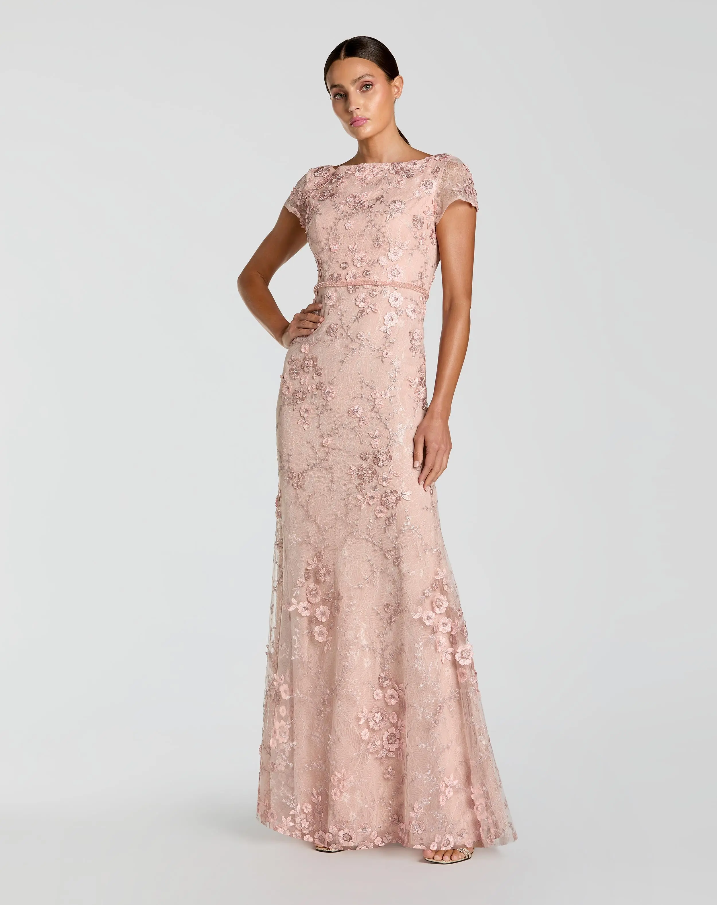 Pink Floral Applique Boat Neck Cap Sleeve Gown - Special Events Unlimited