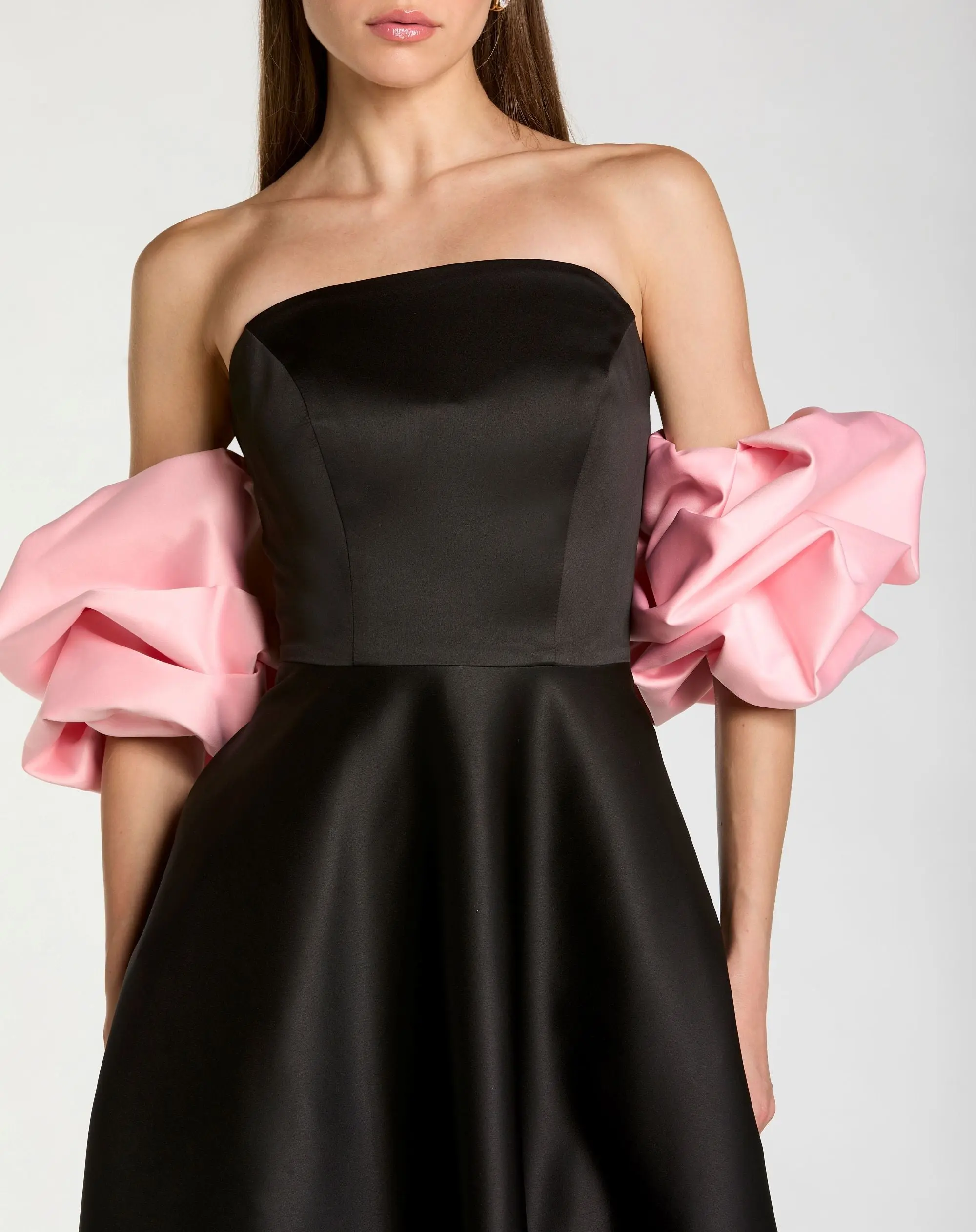 Black Satin Ball Gown With Colorblock Puff Sleeves - Special Events Unlimited