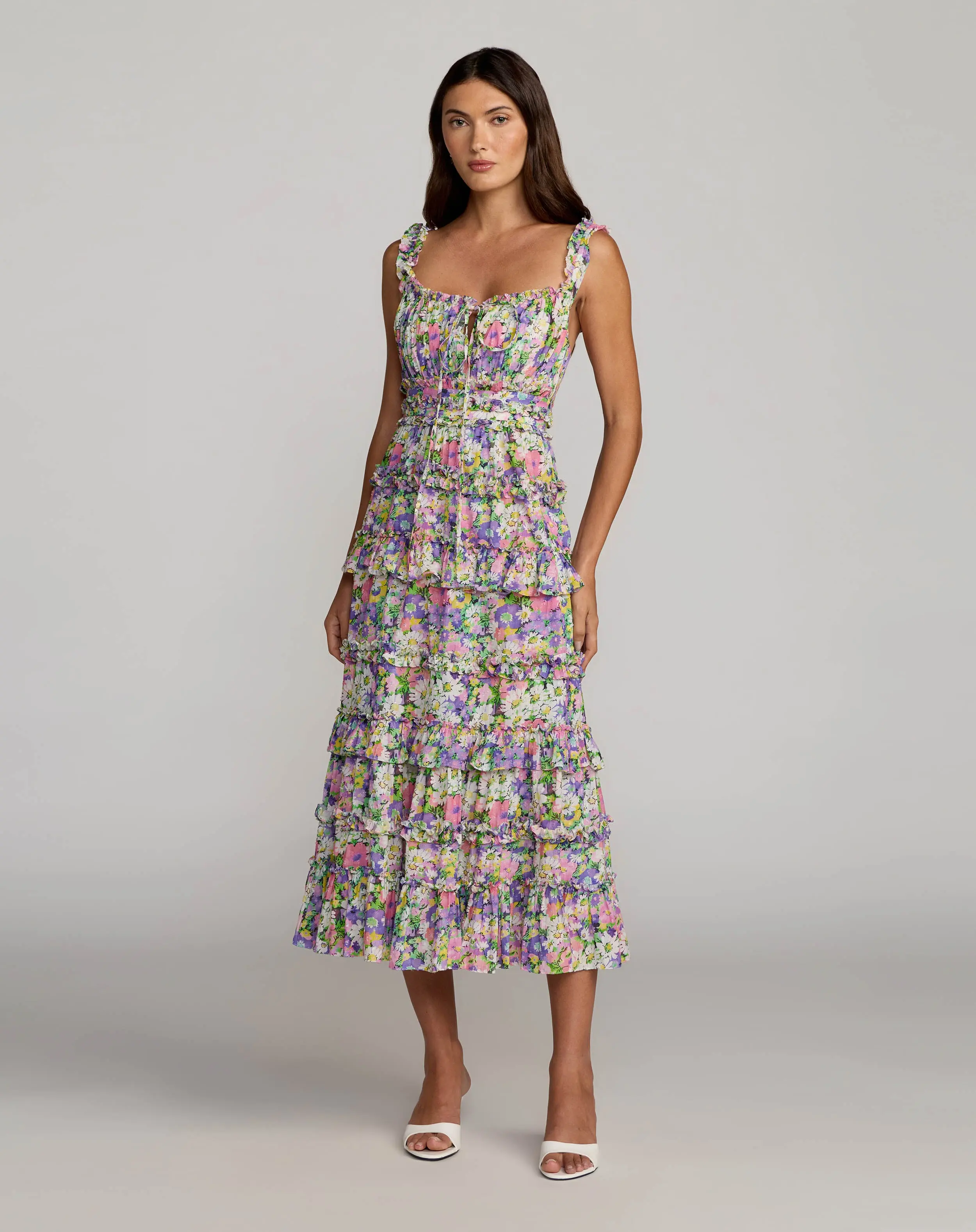 Multicolor Floral Tiered Cotton Midi Dress - Special Events Unlimited