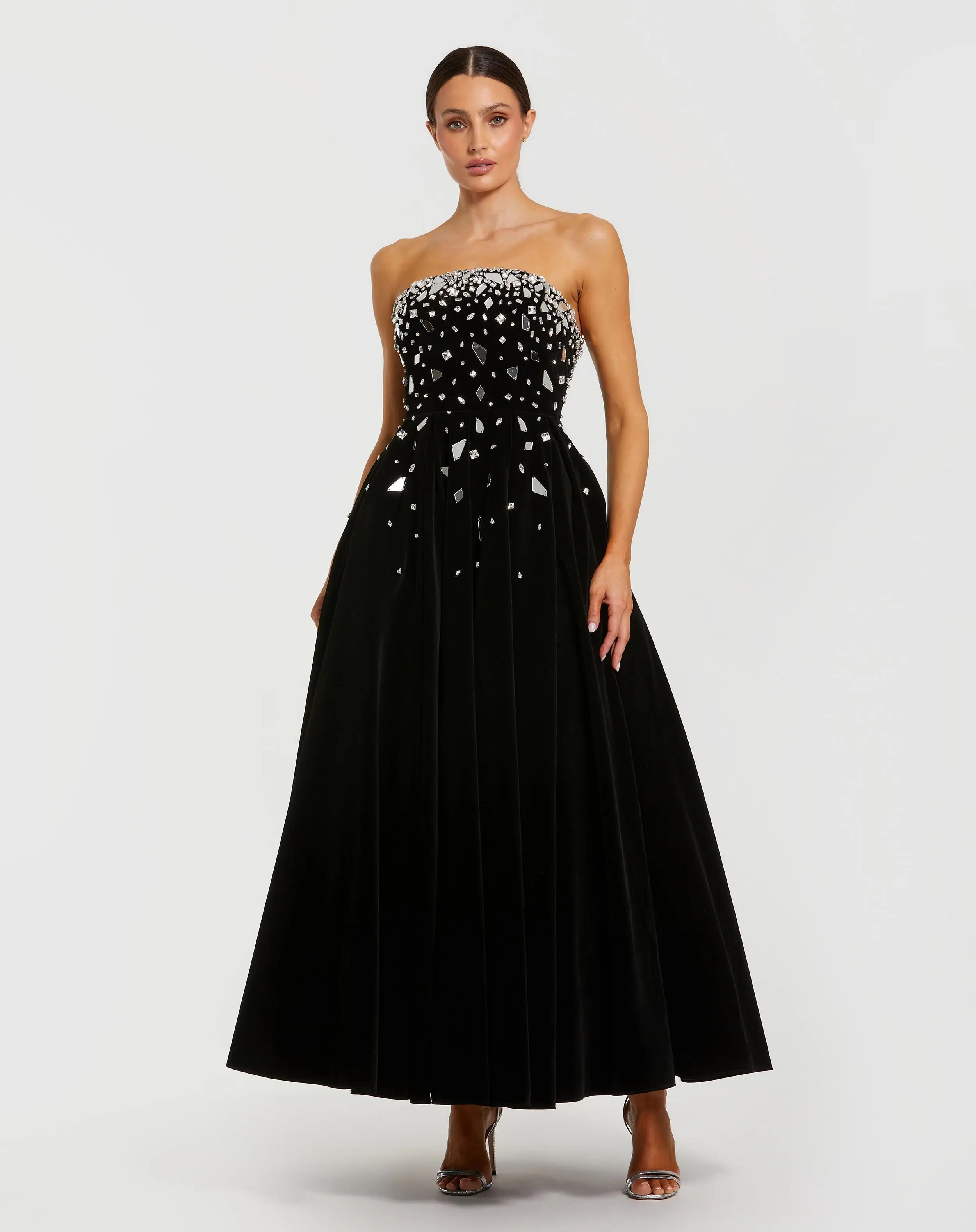 Black Velvet Strapless A-Line Midi Dress with Embellishments - Special Events Unlimited