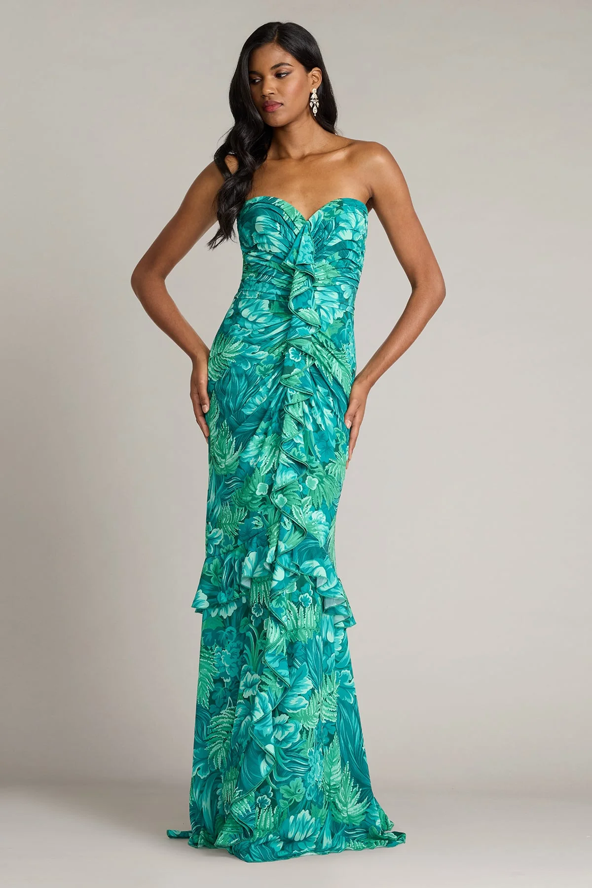 Cleta Foliage Print Cascading Ruffle Gown - Special Events Unlimited