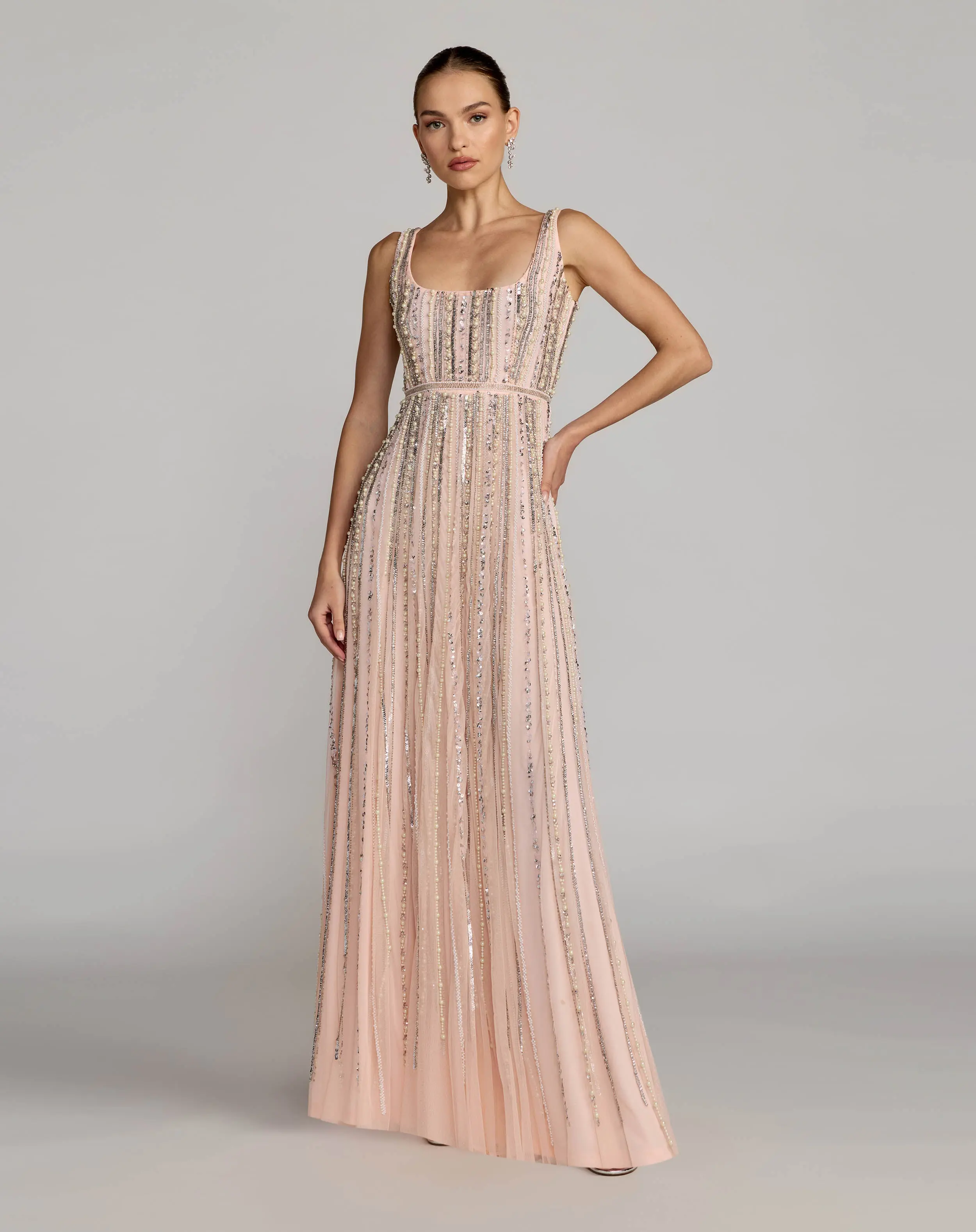 Pink Scoop Neck A-Line Gown With Striped Beading - Special Events Unlimited