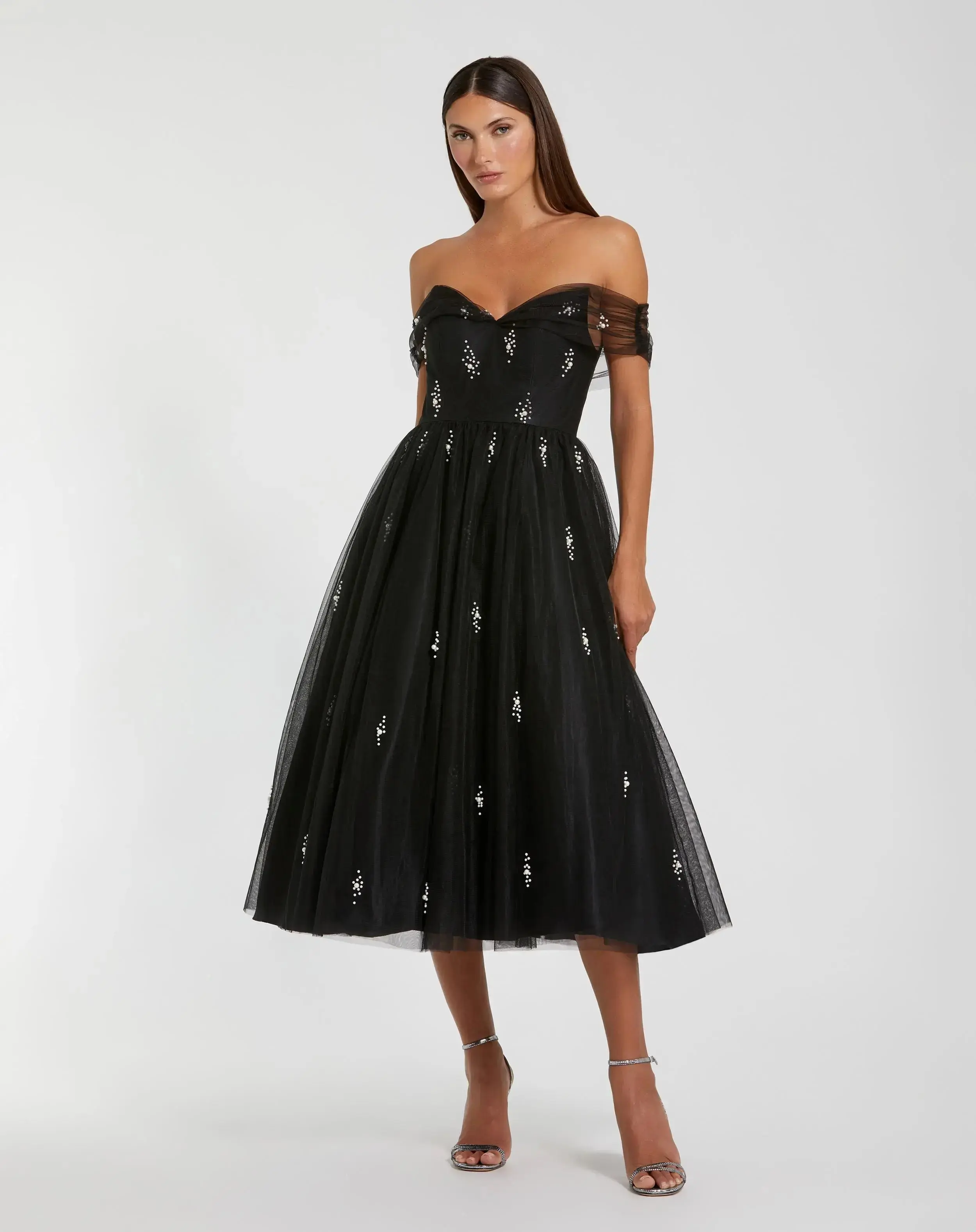 Petite Black Pearl Embellished Off The Shoulder A Line Dress - Special Events Unlimited
