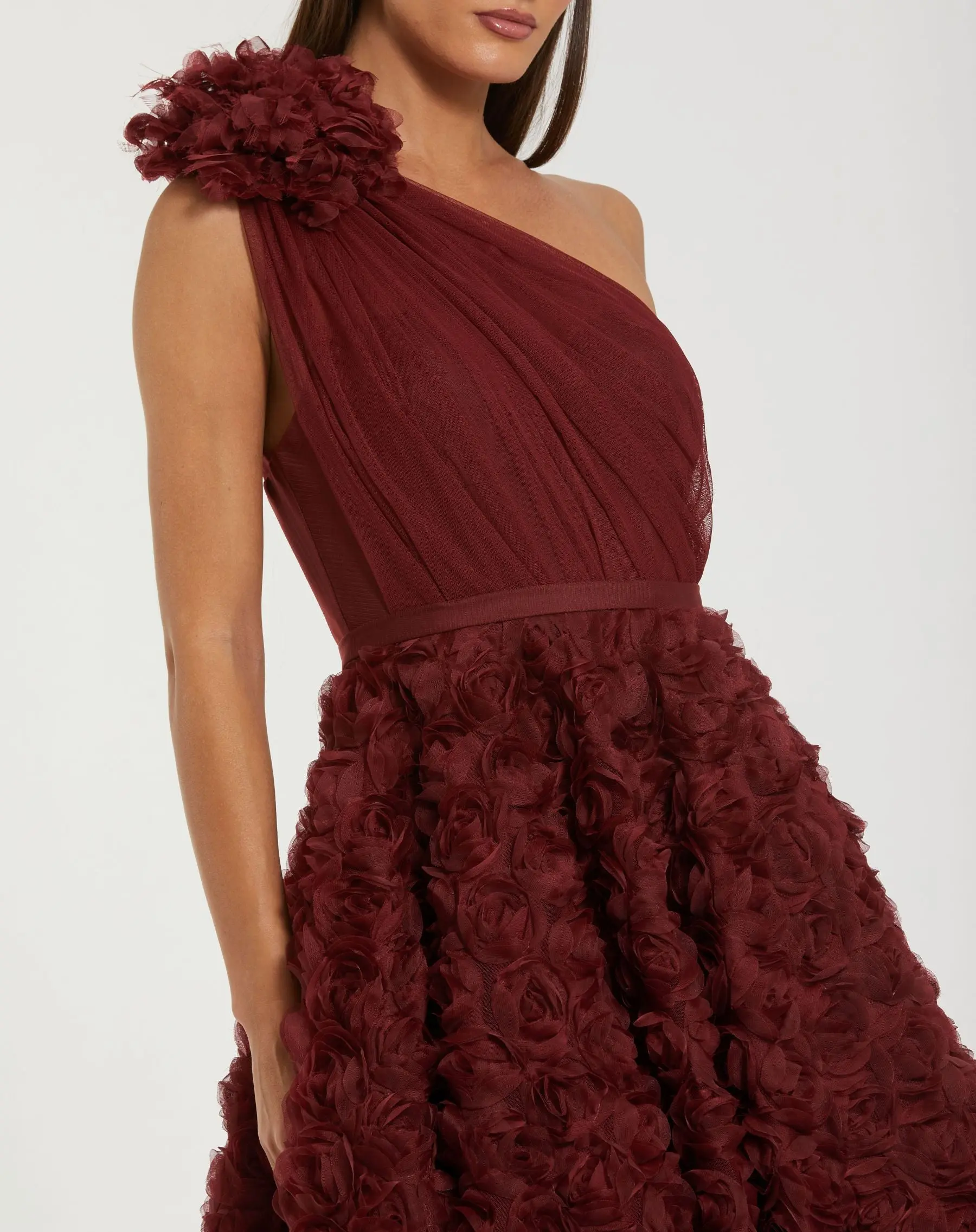 Red One Shoulder 3D Floral Rosette Midi Dress - Special Events Unlimited