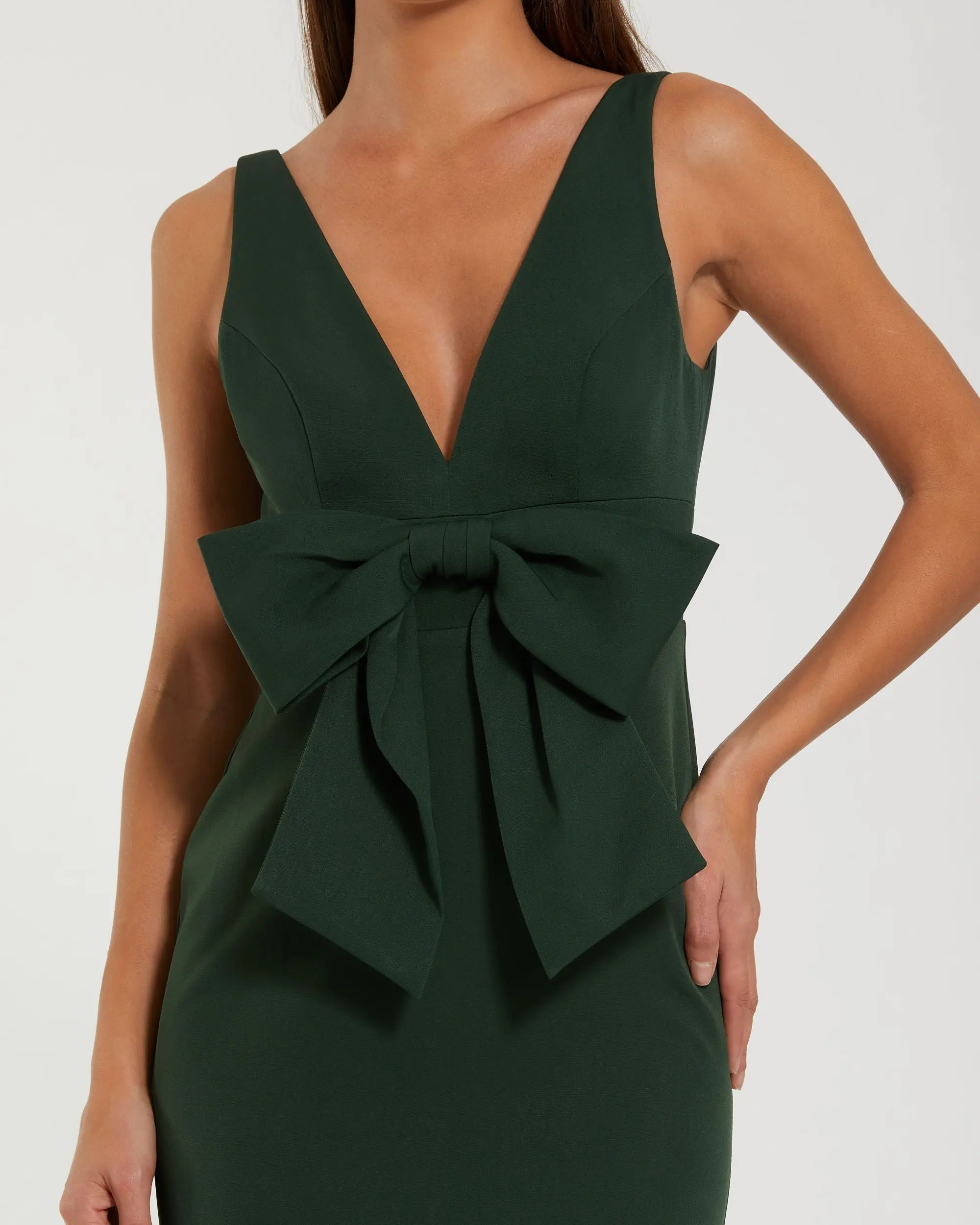 Green Crepe Sleeveless V-Neck Gown with Bow - Special Events Unlimited