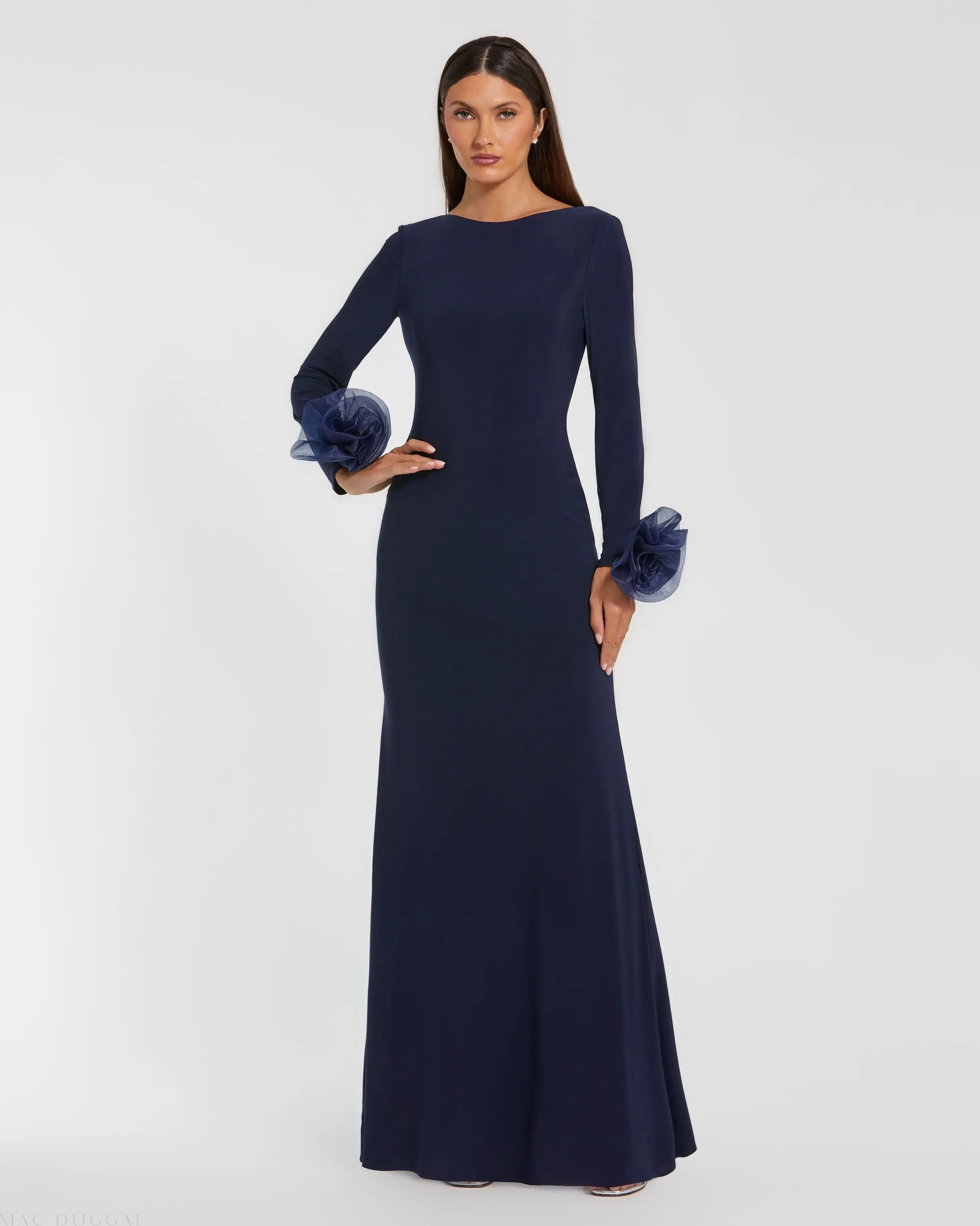 Navy Long Sleeve Fitted Jersey Gown With 3D Flowers - Special Events Unlimited