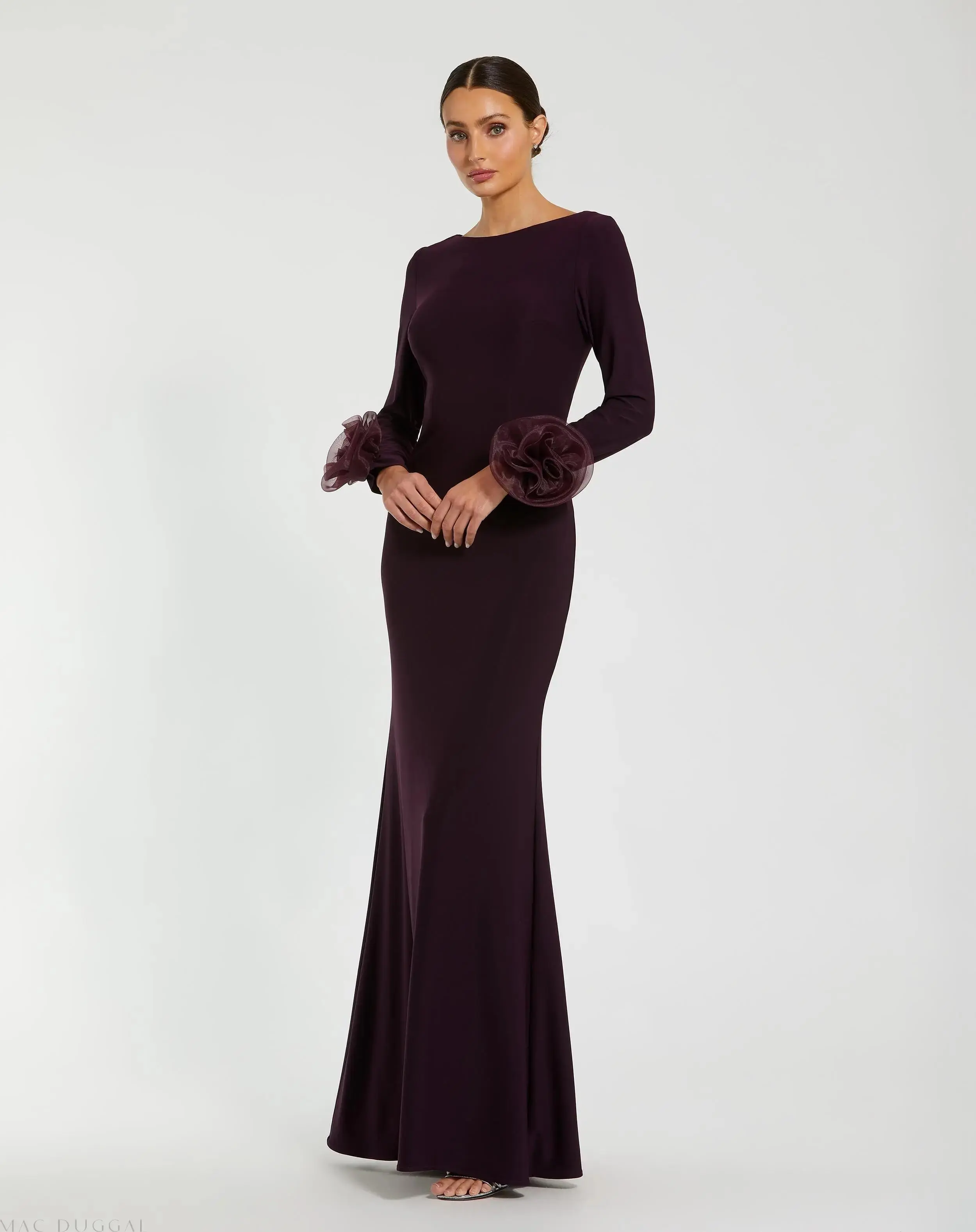 Purple Long Sleeve Fitted Jersey Gown With 3D Flowers - Special Events Unlimited