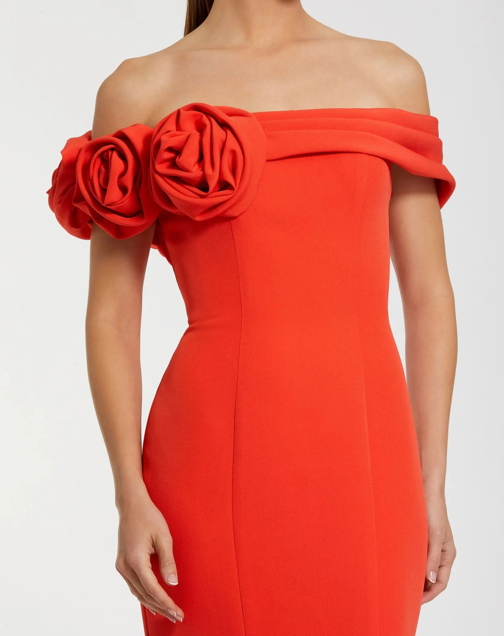 Orange Off The Shoulder Crepe Mermaid Gown - Special Events Unlimited