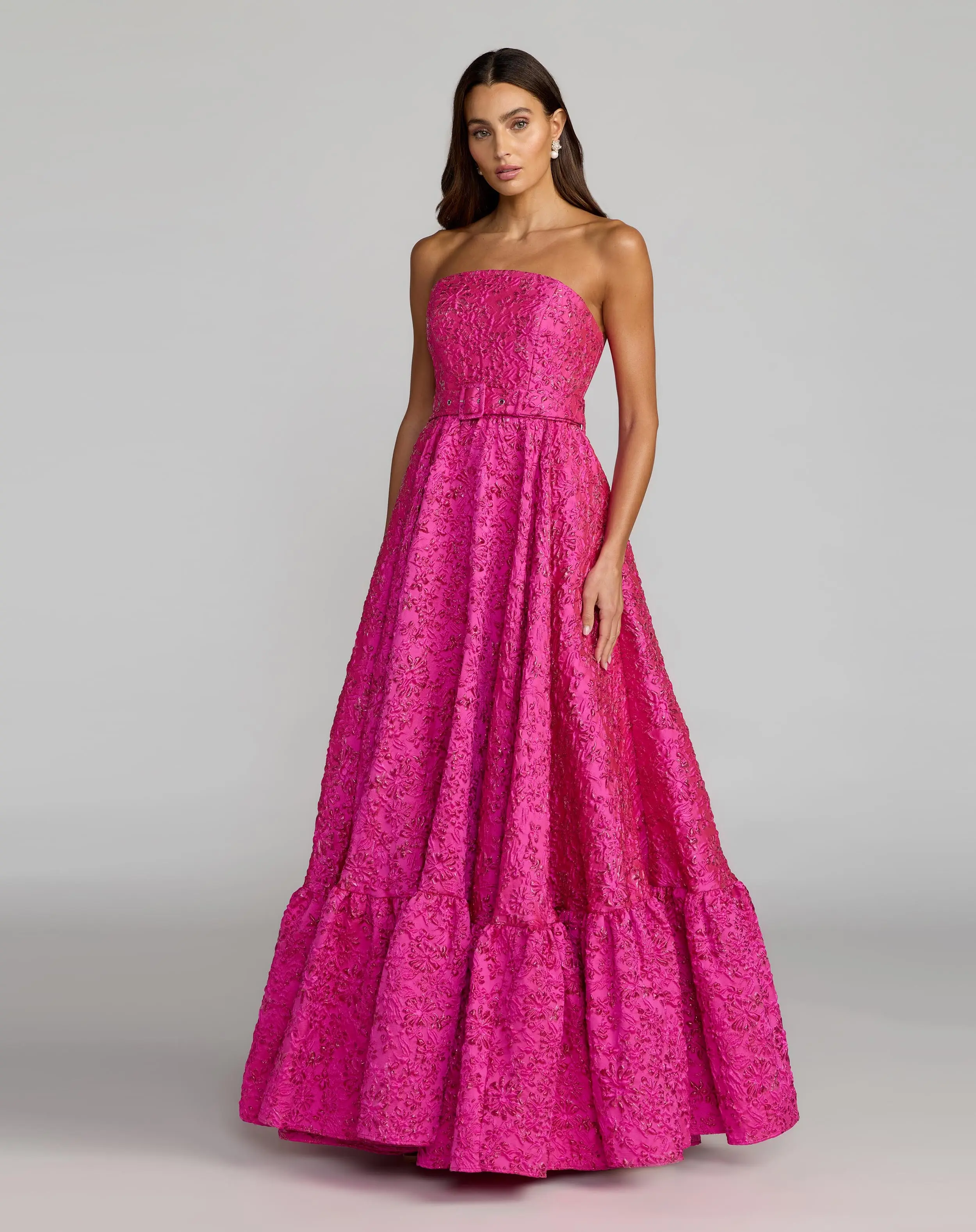 Pink Strapless Floral Brocade Ball Gown With Belt - Special Events Unlimited