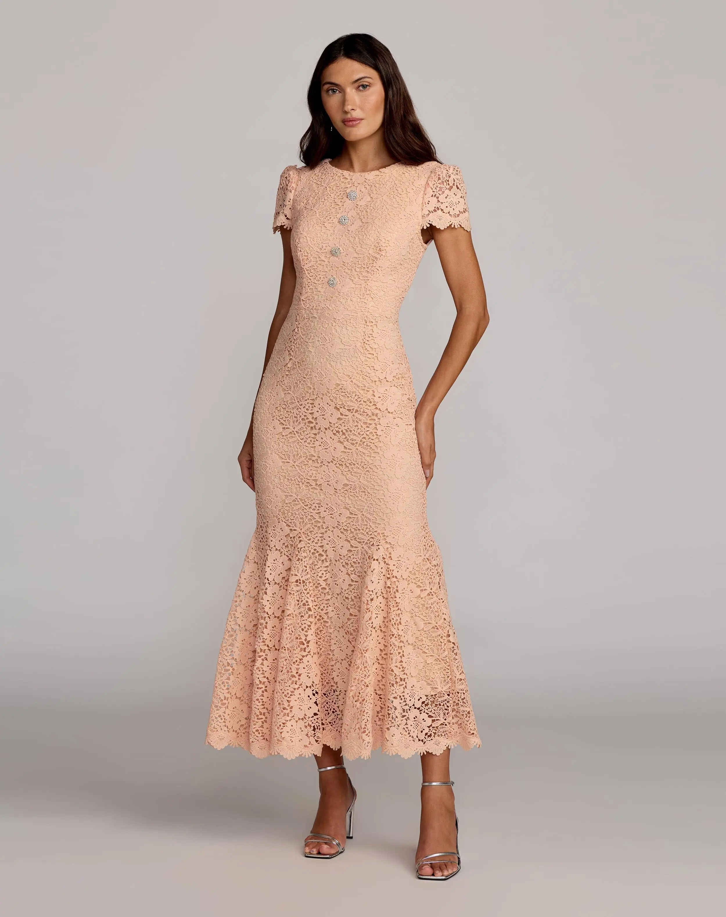 Peach Embroidered Lace Cap Sleeve Midi Dress - Special Events Unlimited