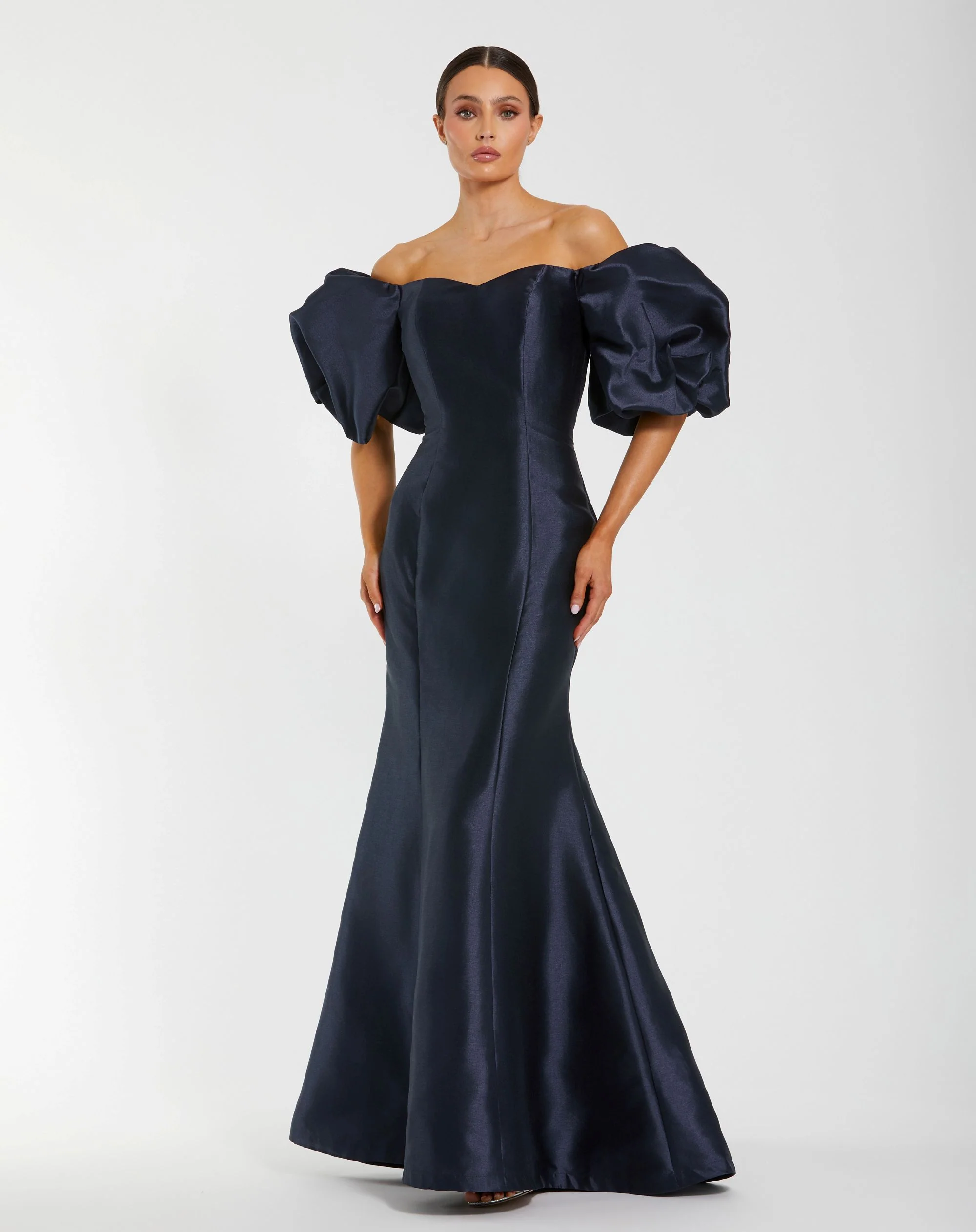 Petite Navy Sweetheart Off The Shoulder Puff Sleeve Gown - Special Events Unlimited