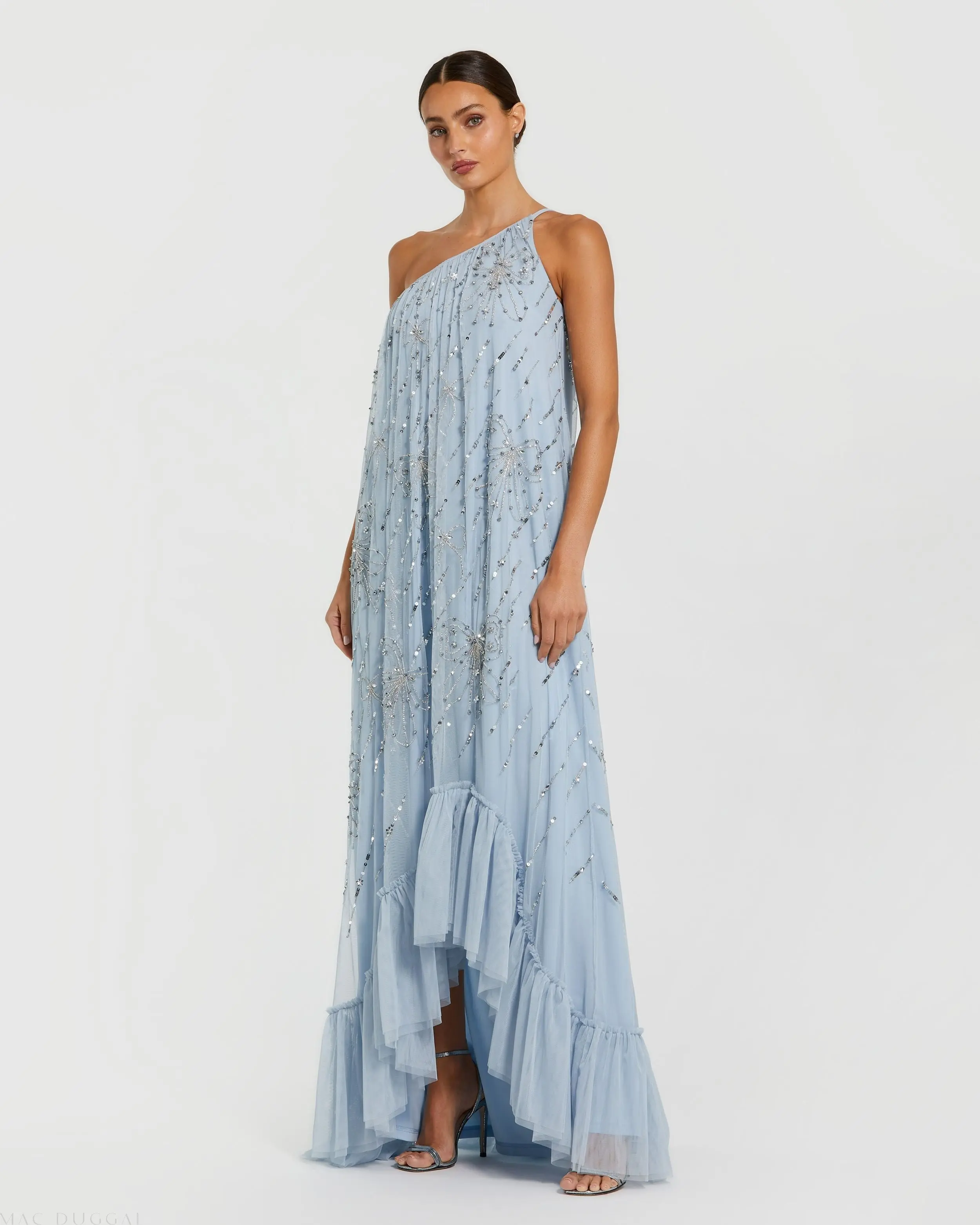 Blue One Shoulder Bow Embellished High Low Gown - Special Events Unlimited