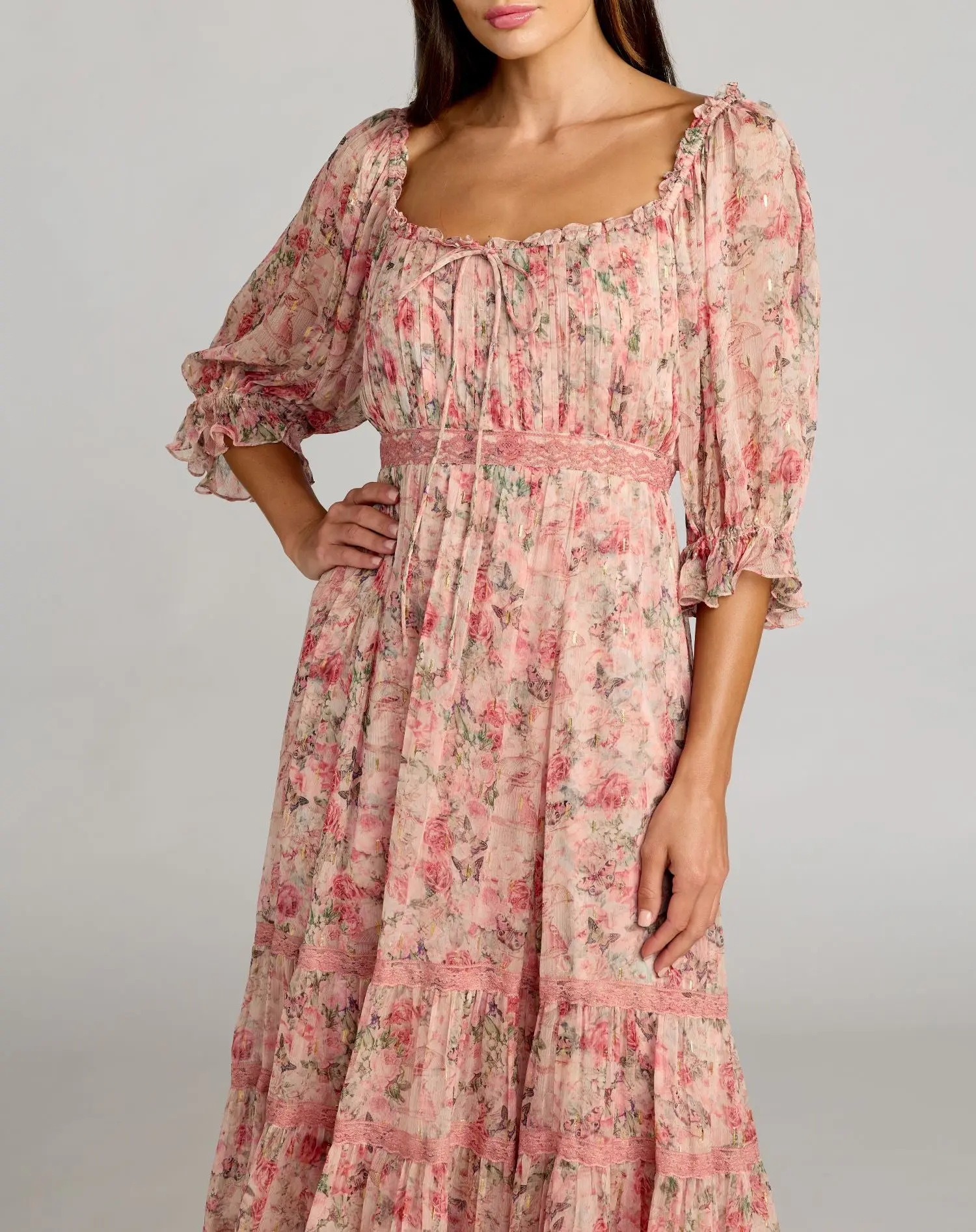 Pink Floral Scoop Neck Midi Dress With 3/4 Sleeves - Special Events Unlimited