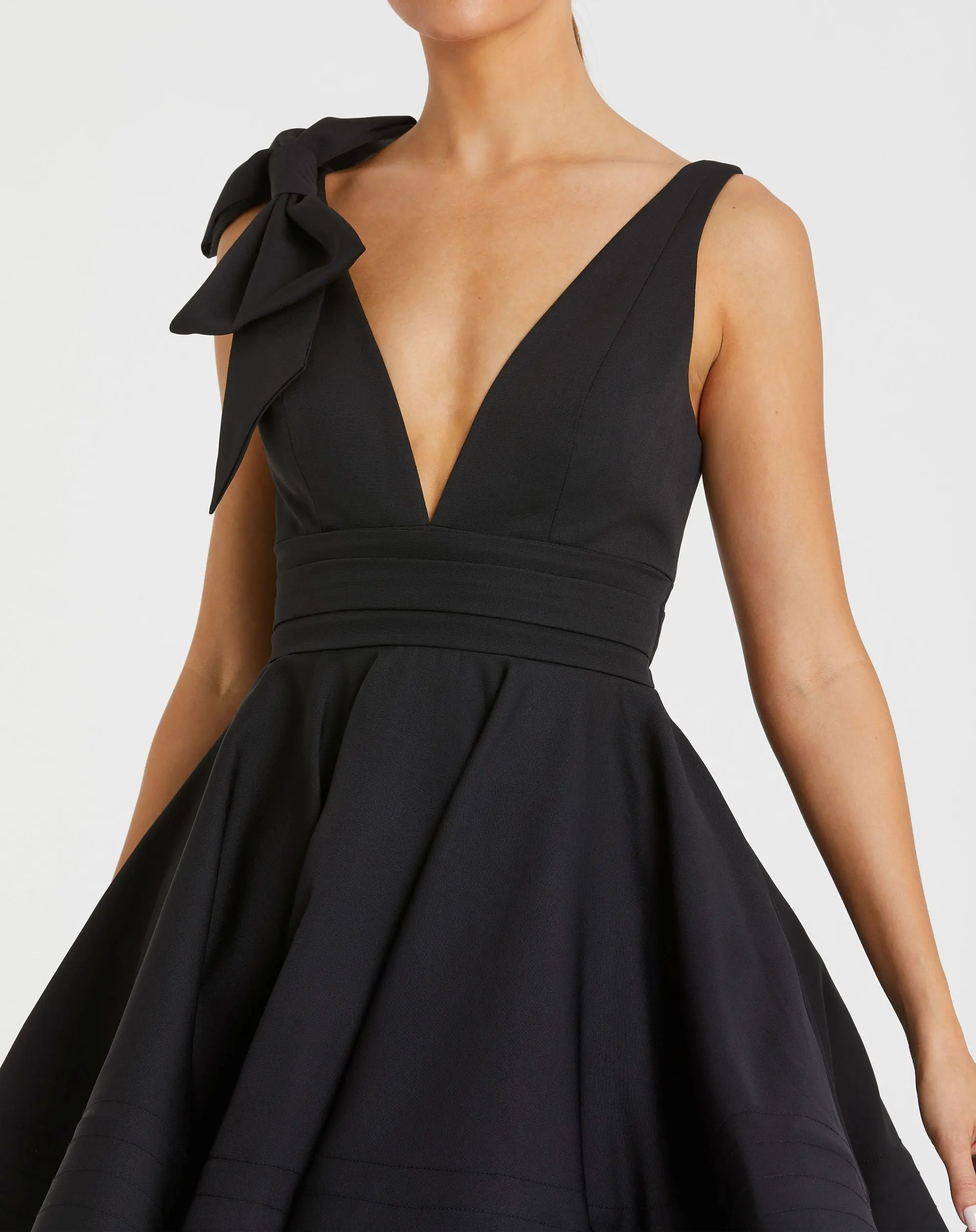 Black Crepe Sleeveless V-Neck Mini Dress With Bow - Special Events Unlimited