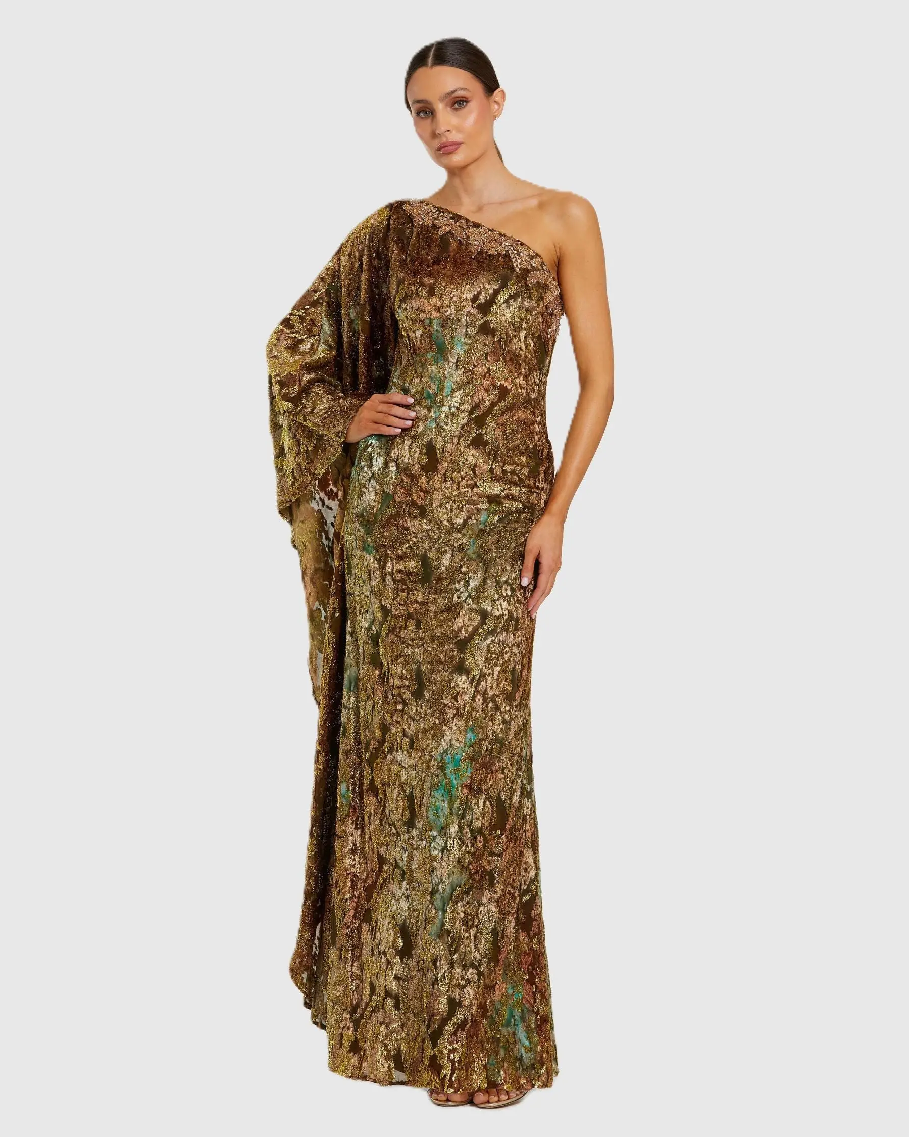 Gold One Shoulder Metallic Burnout Velvet Evening Gown - Special Events Unlimited