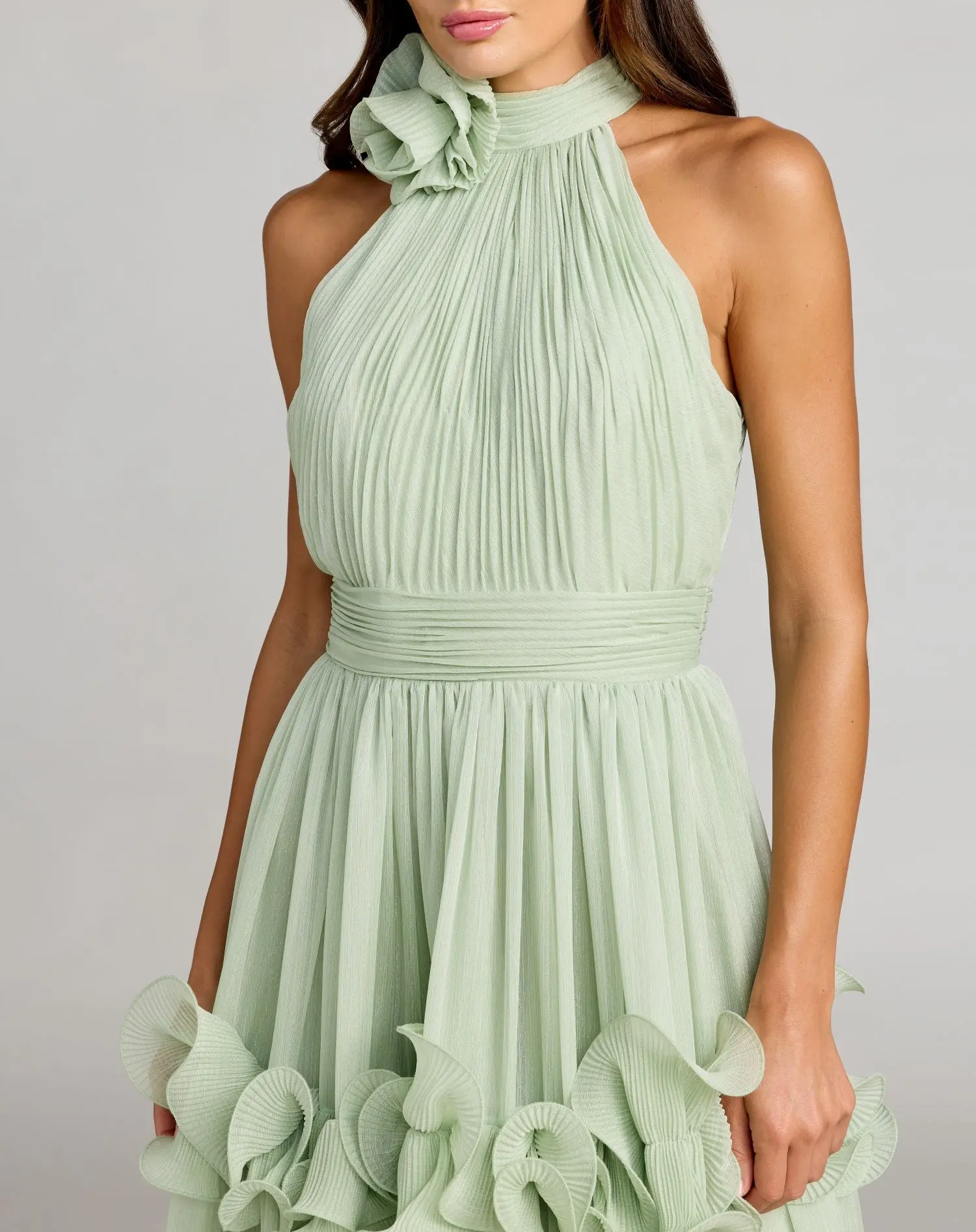 Green Sleeveless Chiffon Halter Neck Ruffle Midi Dress - Special Events Unlimited