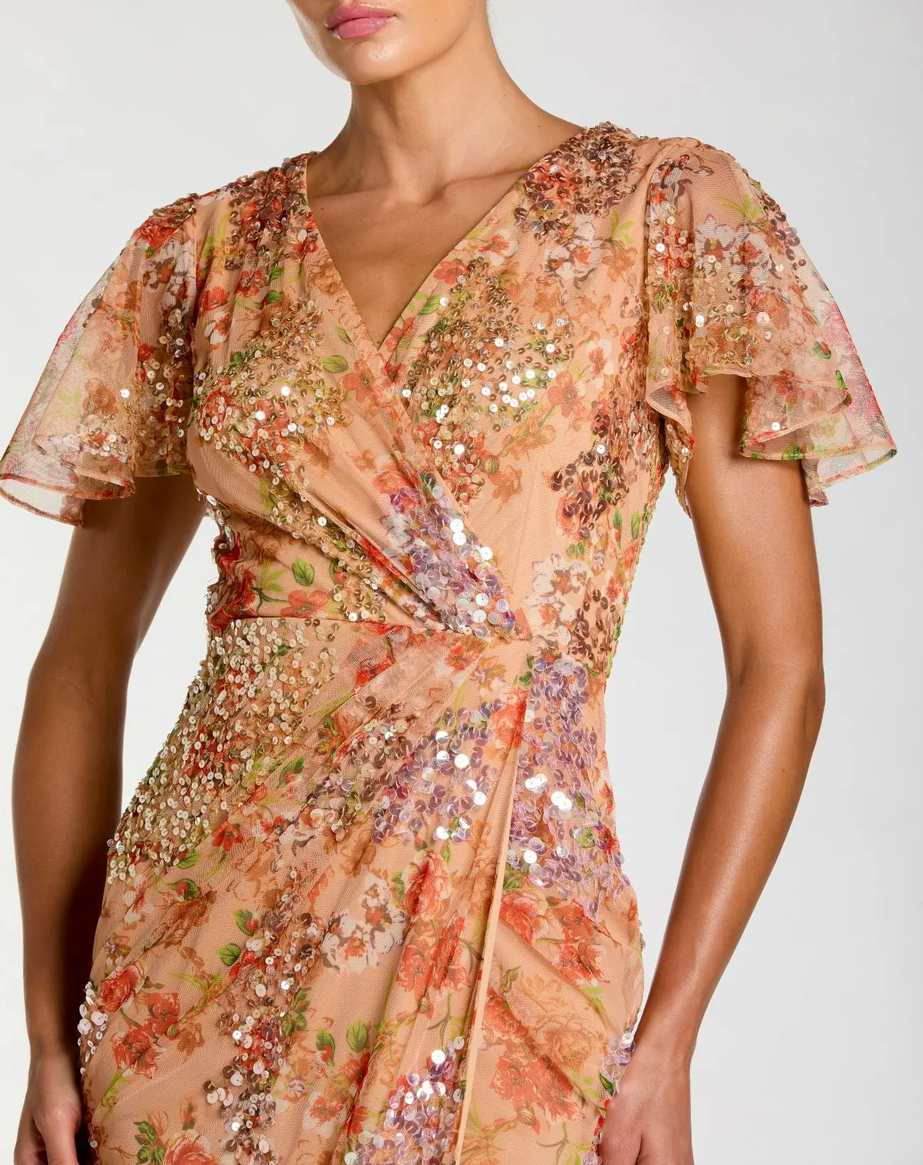 Orange Embellished Floral Flutter Sleeve Midi Dress - Special Events Unlimited
