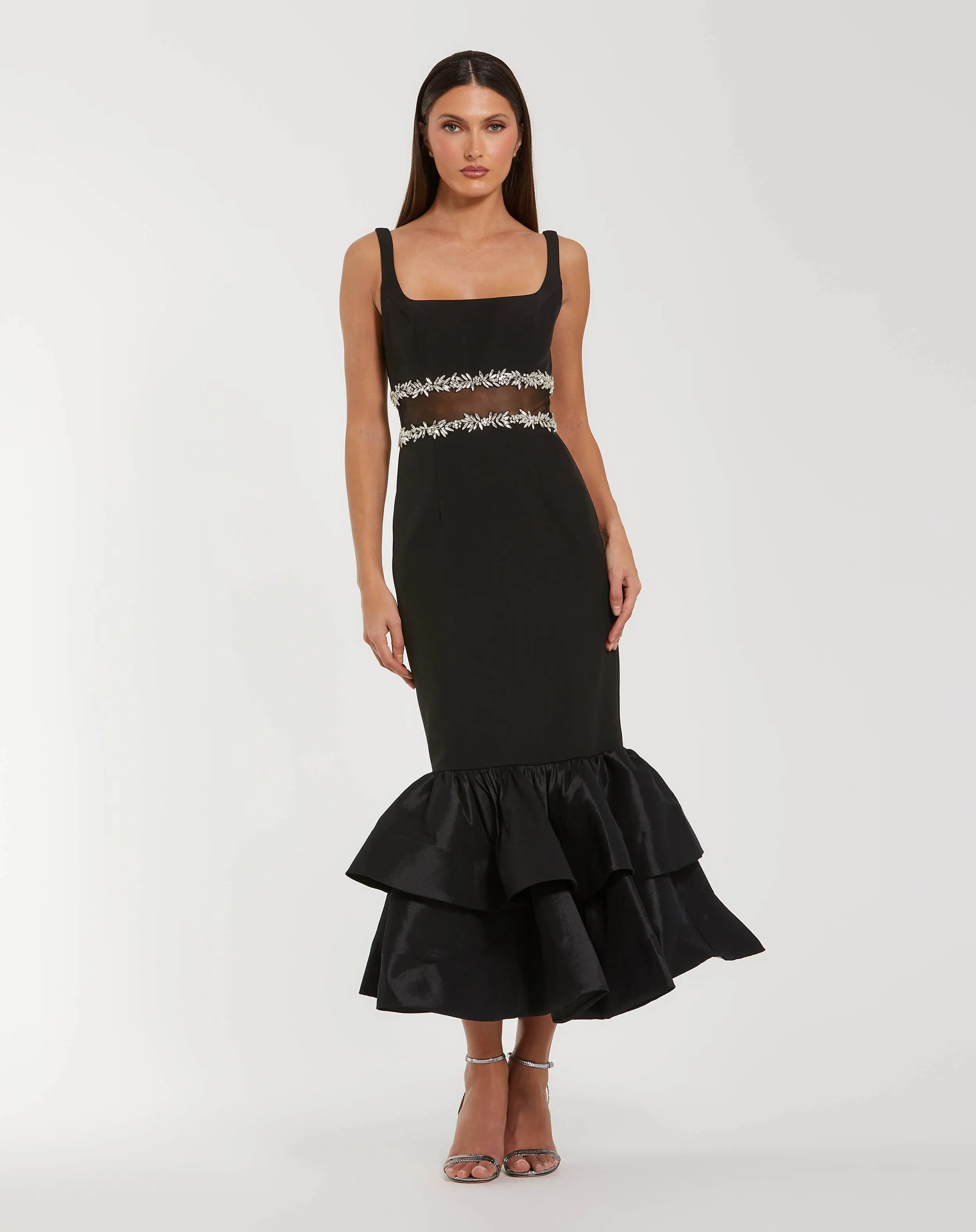Black Crepe Ruffle Hem Midi Dress With Jewel Detail - Special Events Unlimited
