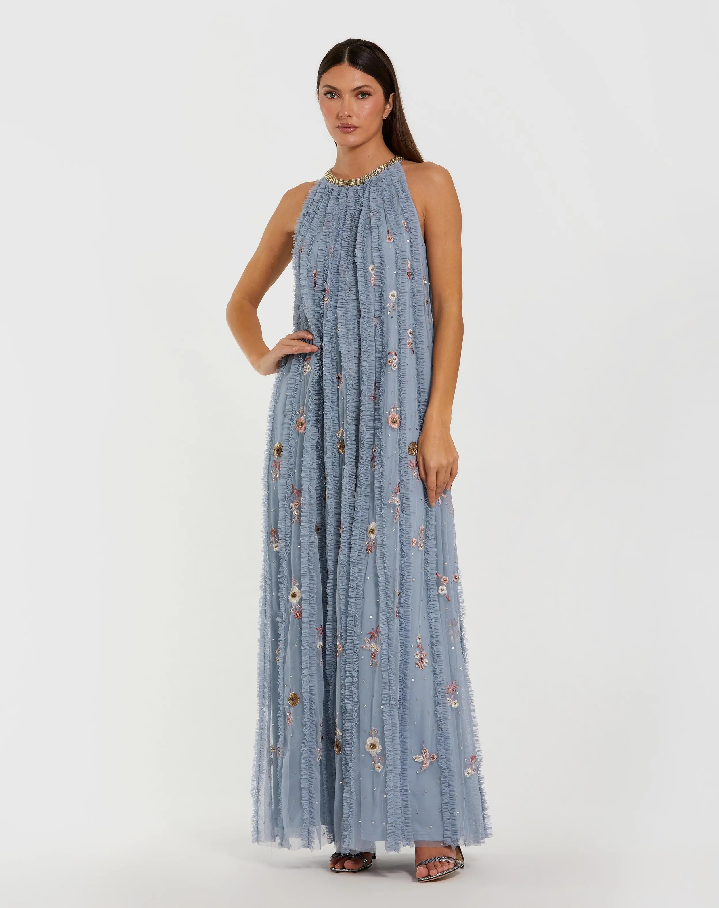 Blue Ruffled Trapeze Gown with Floral Embroidery - Special Events Unlimited
