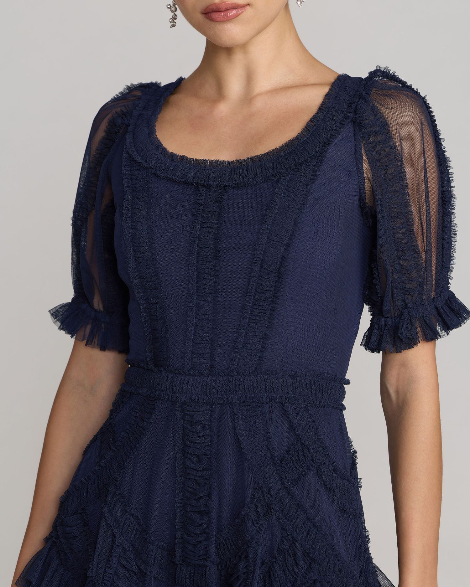 Navy Short Sleeve Micro Ruffle Midi Dress - Special Events Unlimited
