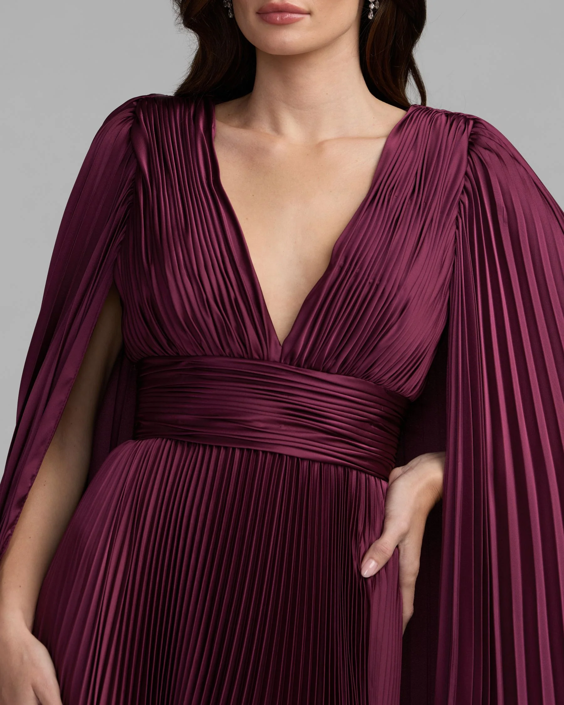 Purple Pleated Charmeuse V Neck Gown With Cape - Special Events Unlimited