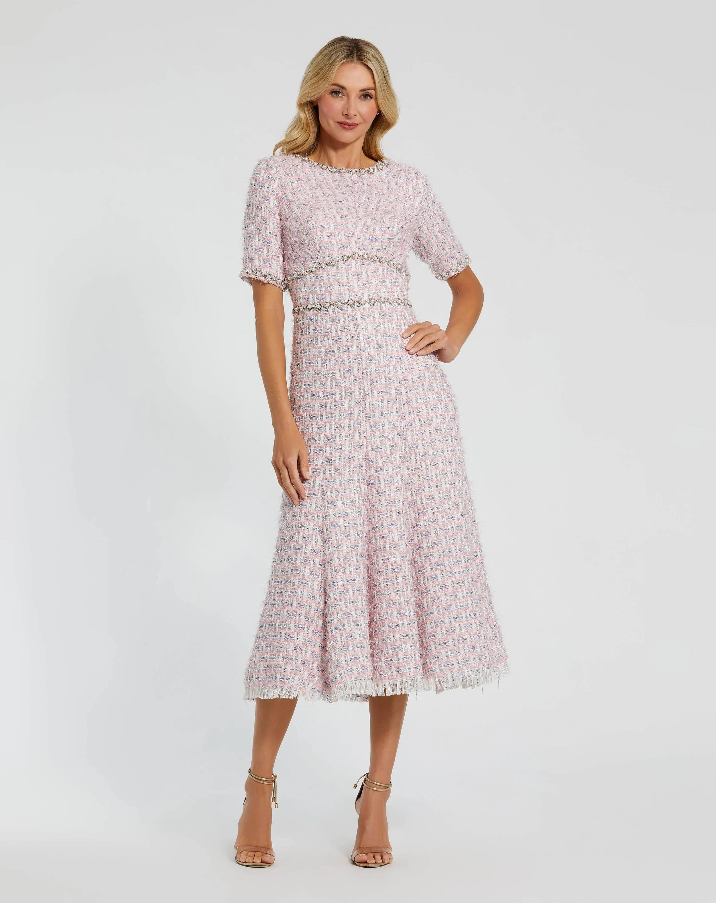 Pink Short Sleeve Beaded Trim Boucle Midi Dress - Special Events Unlimited