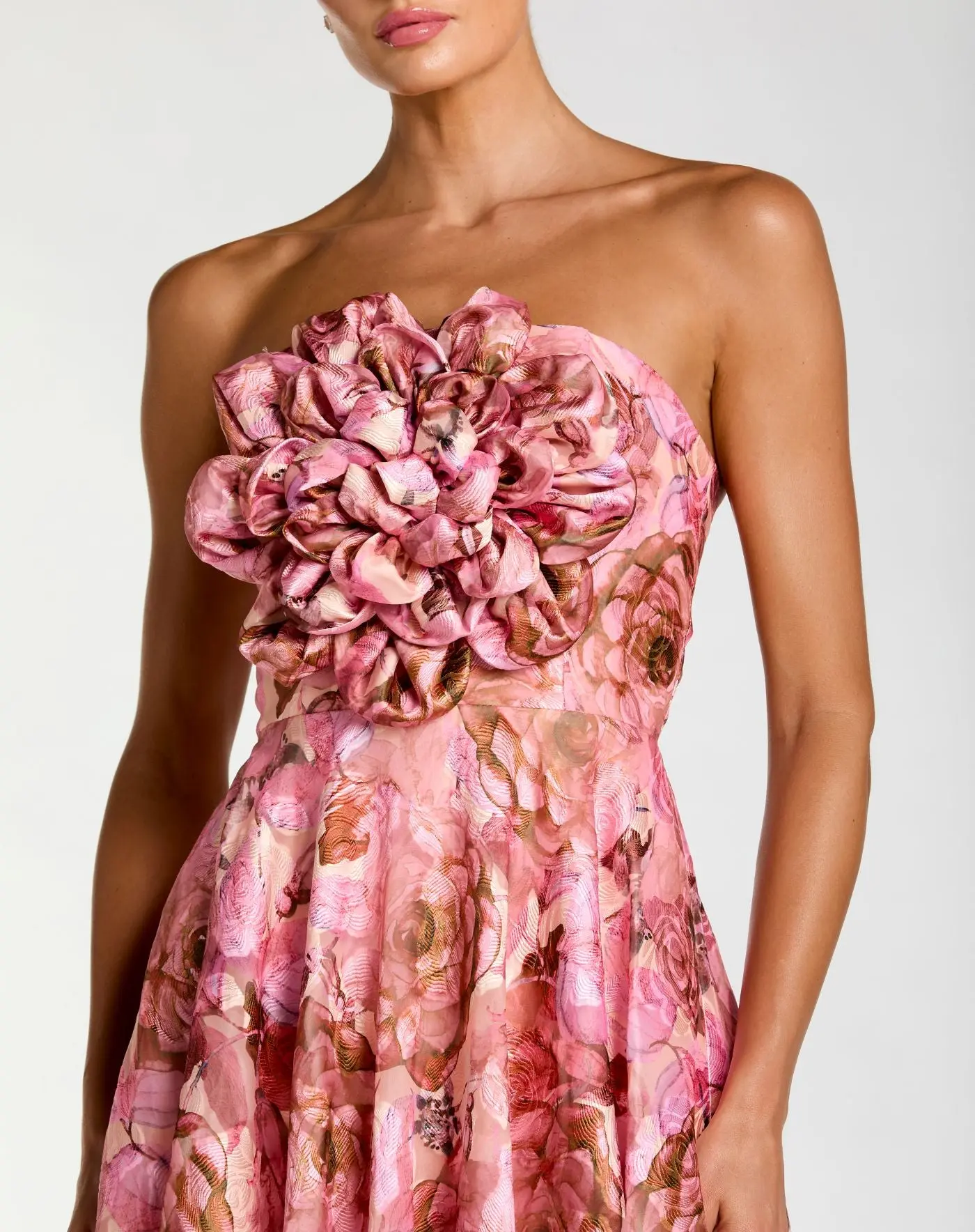 Pink Strapless Floral Printed A-Line Gown With 3D Flower - Special Events Unlimited