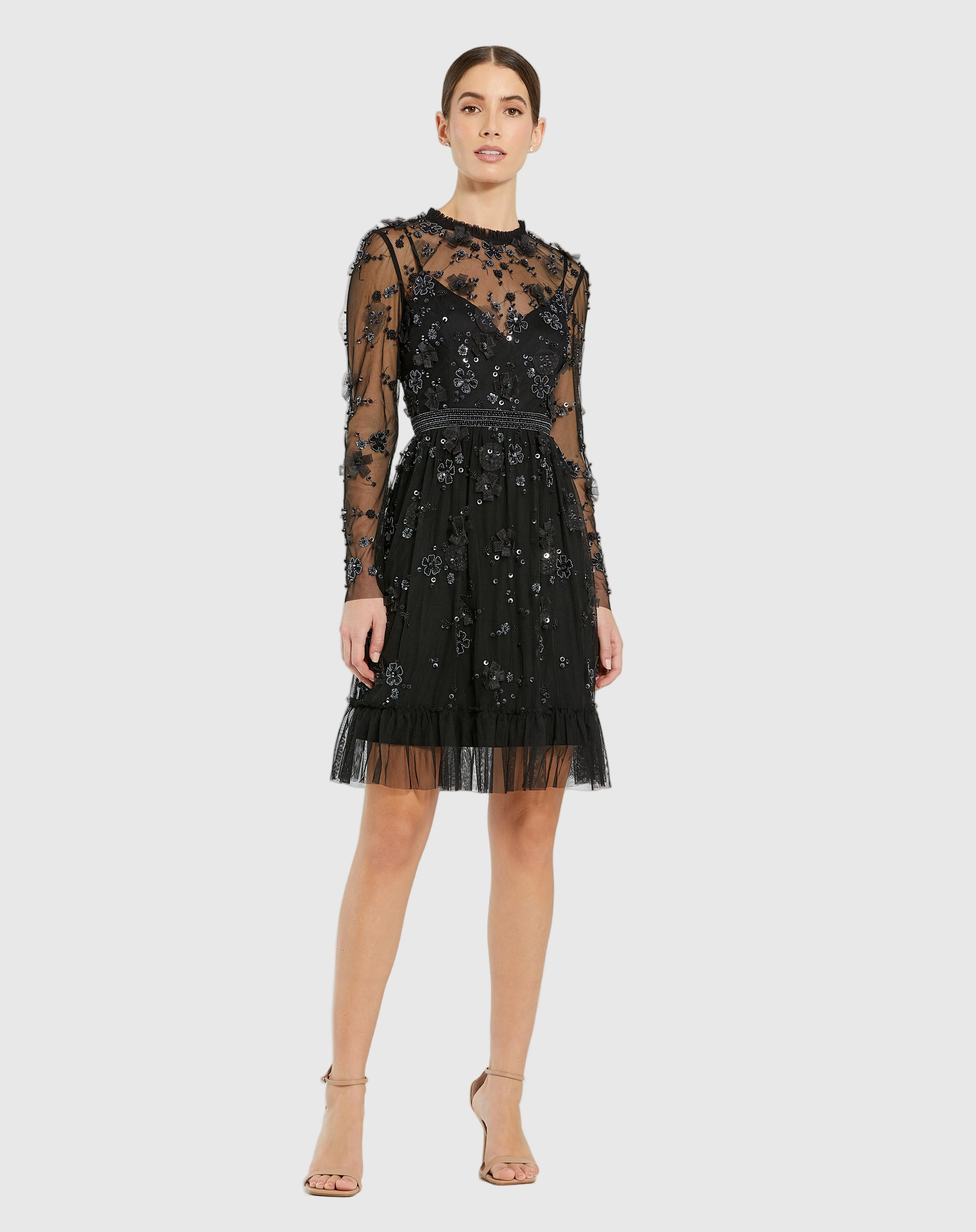 Black Sheer Long Sleeve Embellished Mini Dress - Special Events Unlimited