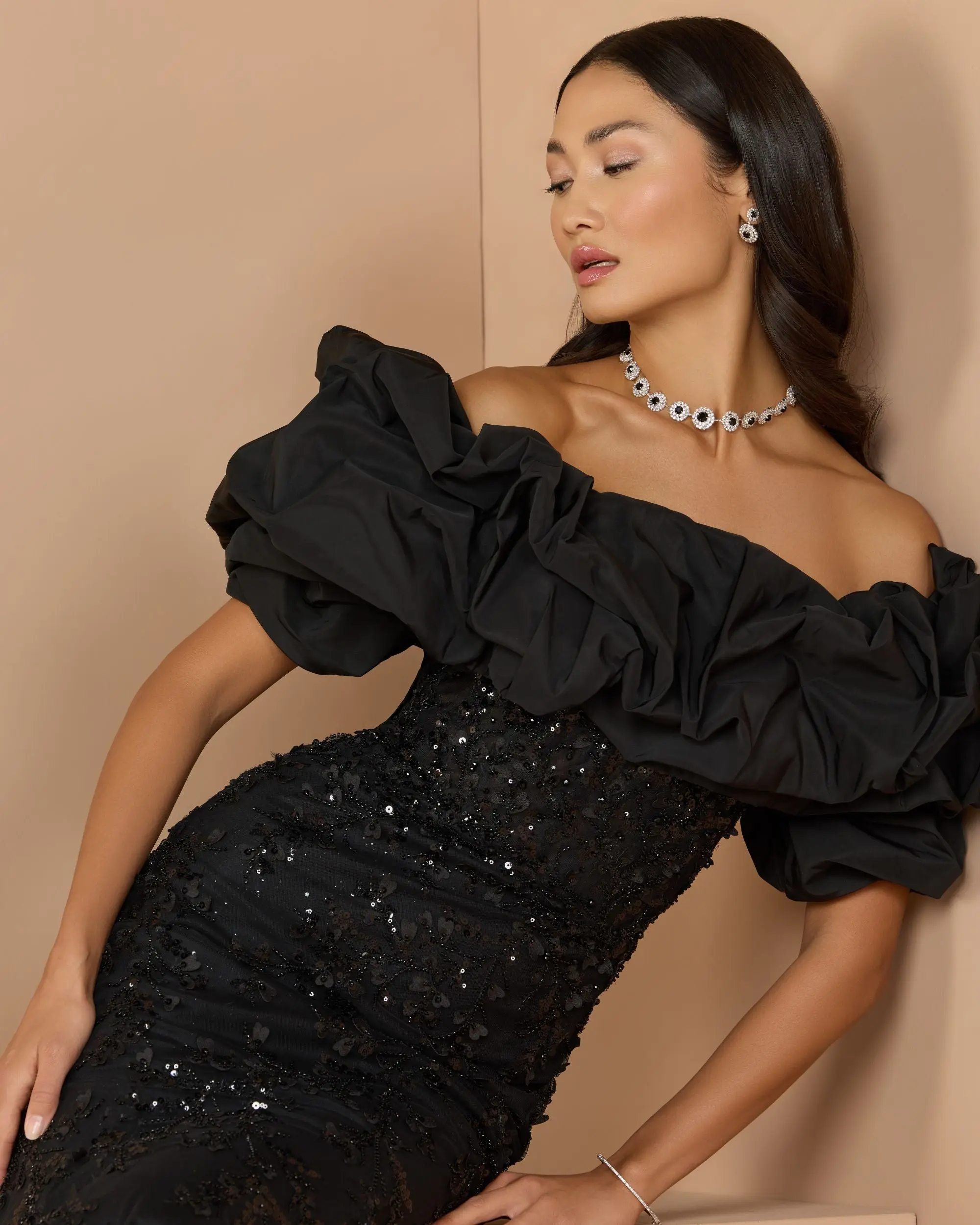 Black Embellished Mermaid Gown With Off The Shoulder Ruffle - Special Events Unlimited