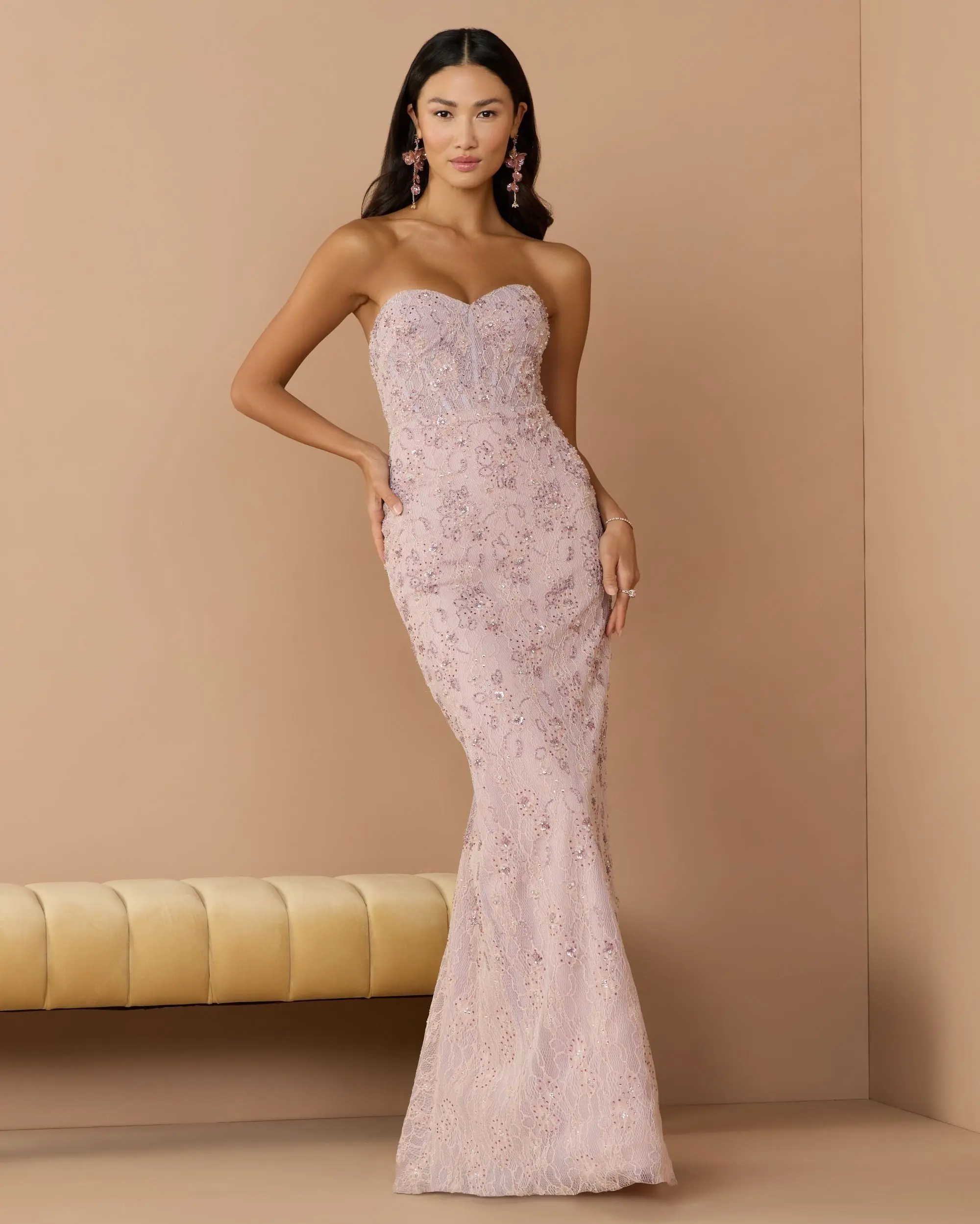 Pink Embellished Strapless Bustier Gown With Sweeping Train - Special Events Unlimited