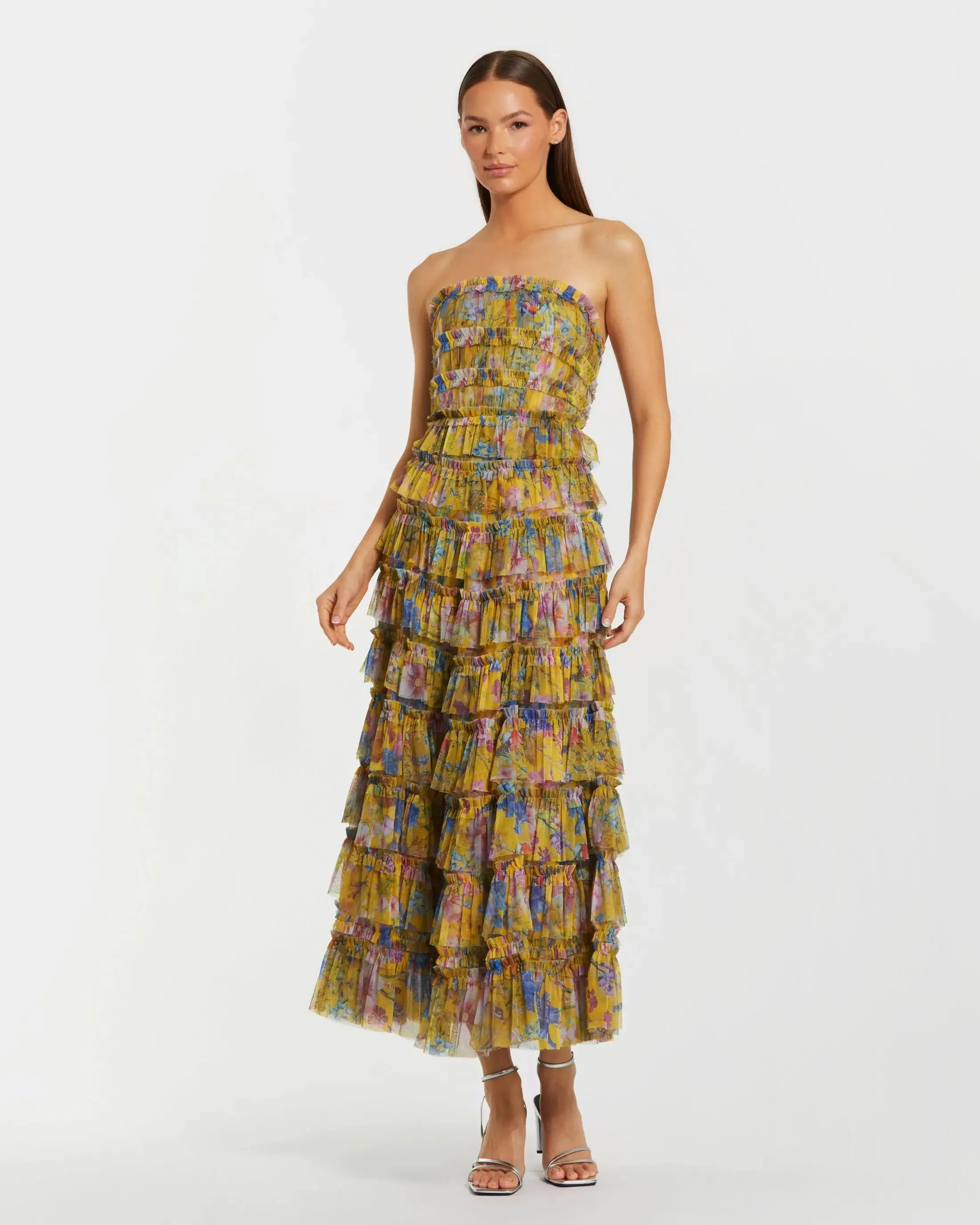 Yellow Floral Strapless Ruffle Midi Dress - Special Events Unlimited