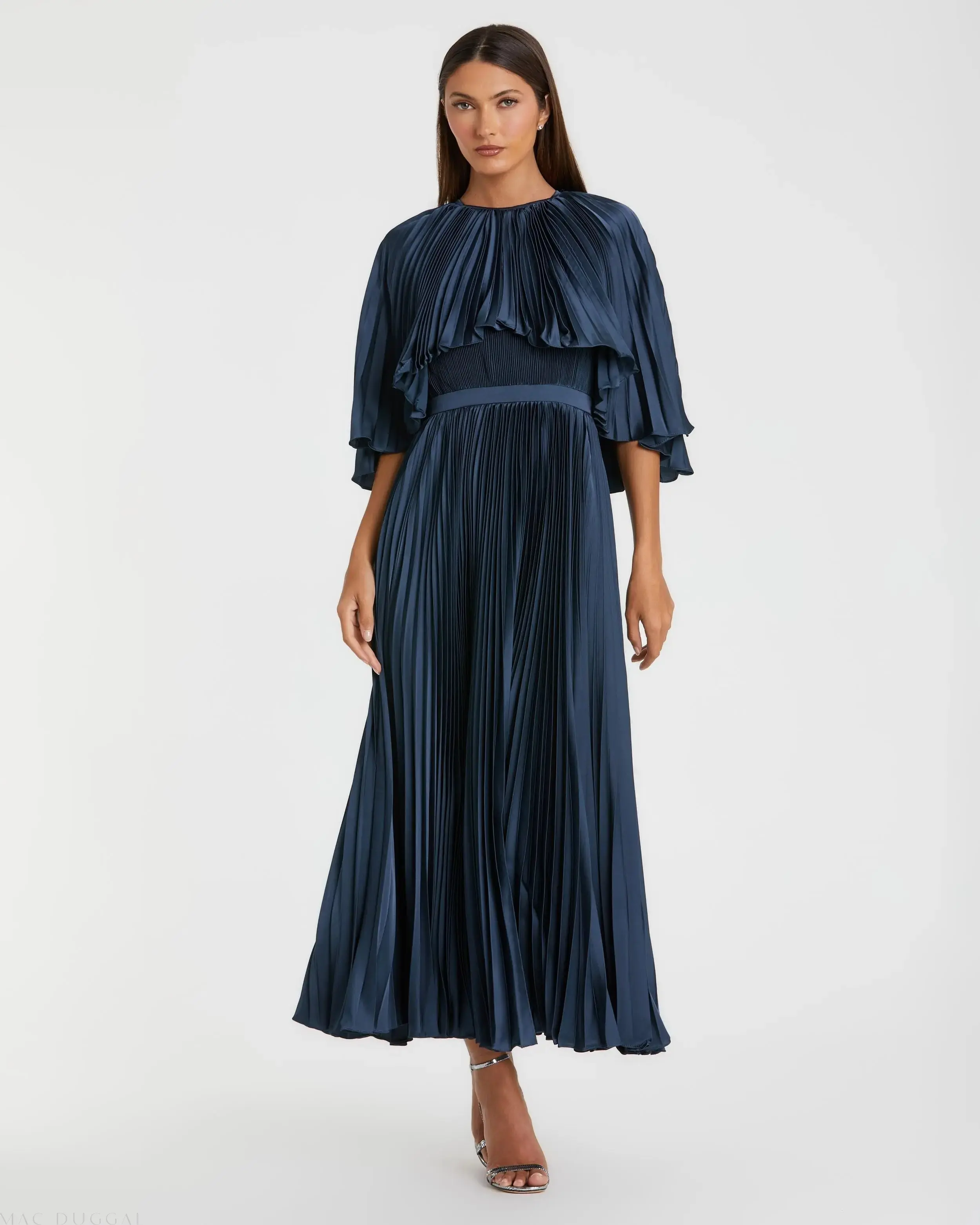 Navy Pleated Caplet Tea-length Dress - Special Events Unlimited