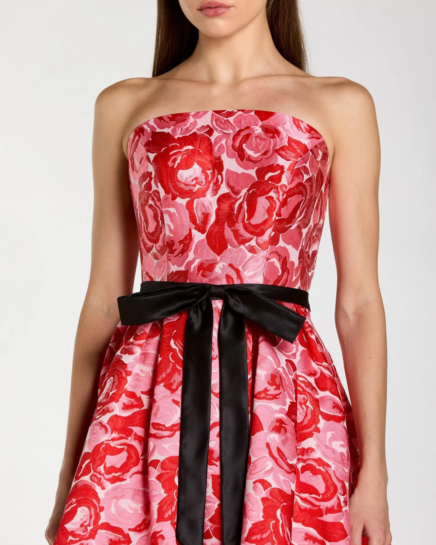 Red Strapless Brocade Midi Dress With Satin Bow - Special Events Unlimited