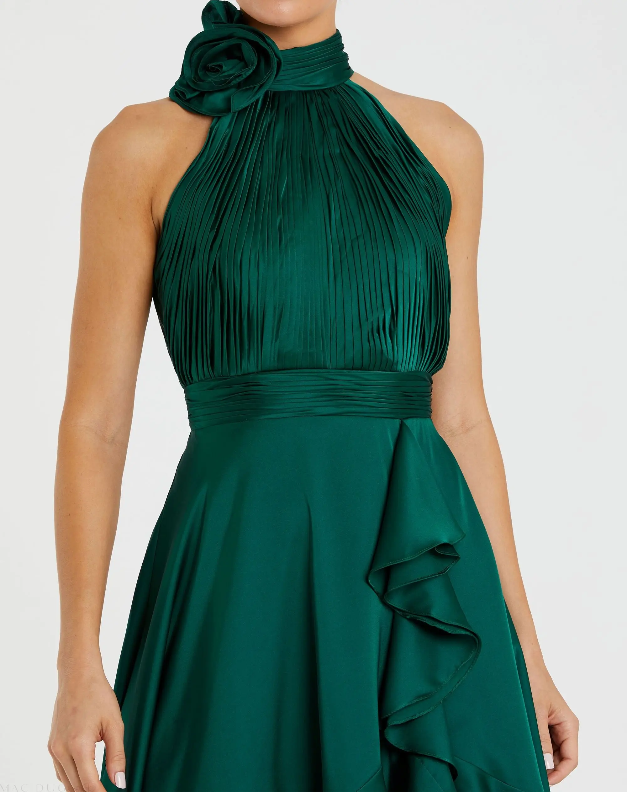 Green Halter Neck Flower Detail Ruffled Midi Dress - Special Events Unlimited