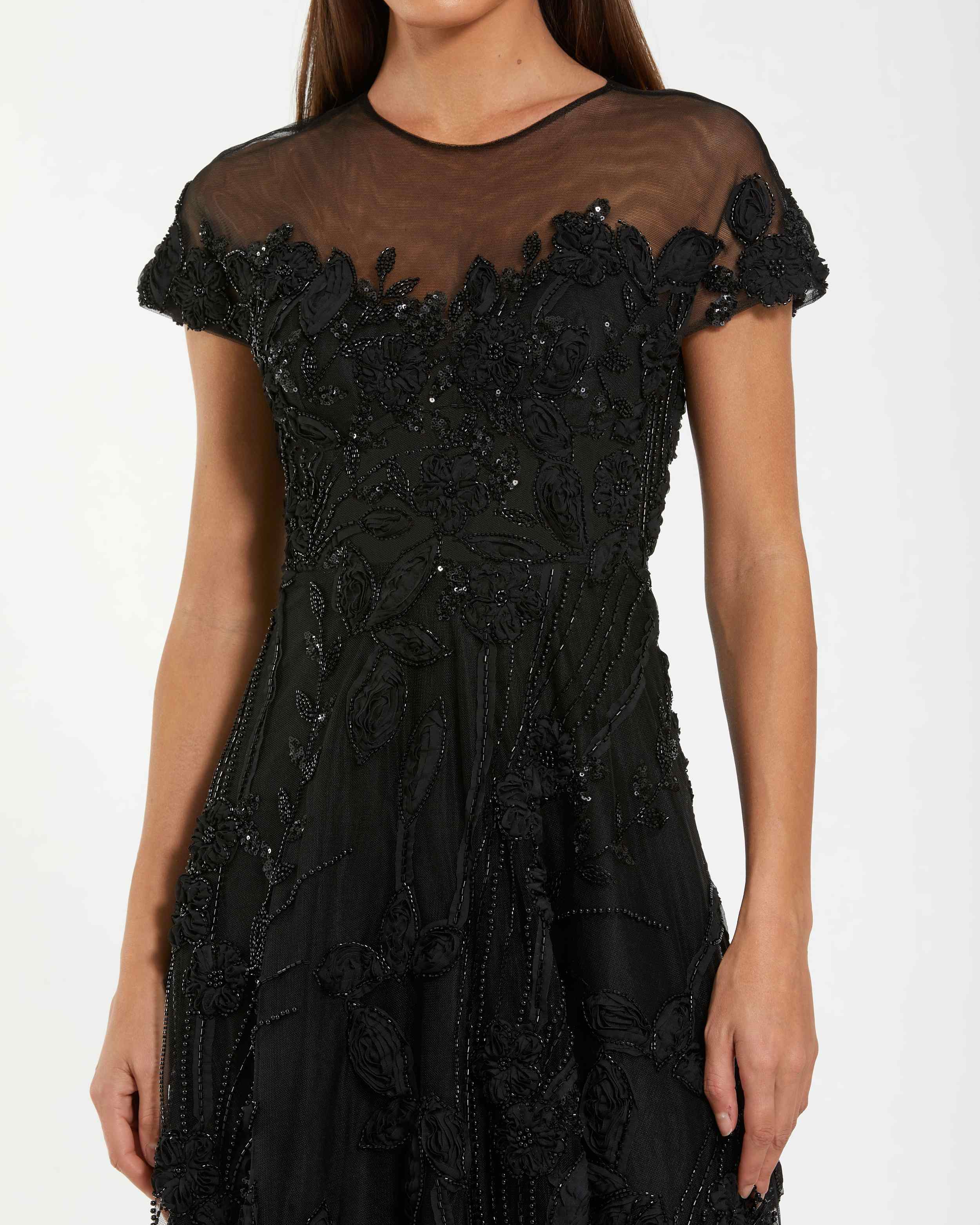 Black Embellished Lace Illusion Neck A-Line Cocktail Dress - Special Events Unlimited