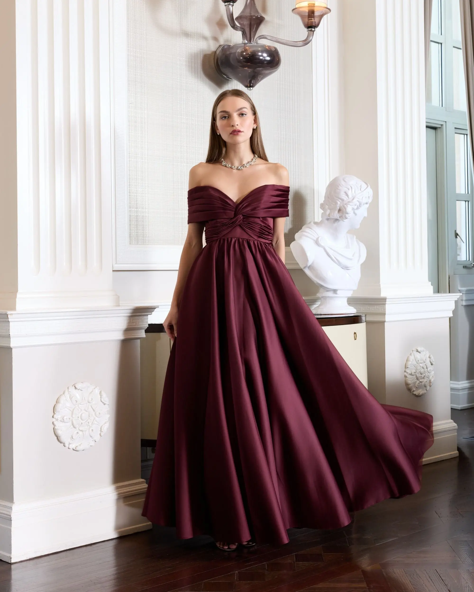 Burgundy Satin Off The Shoulder Twist Evening Ball Gown - Special Events Unlimited