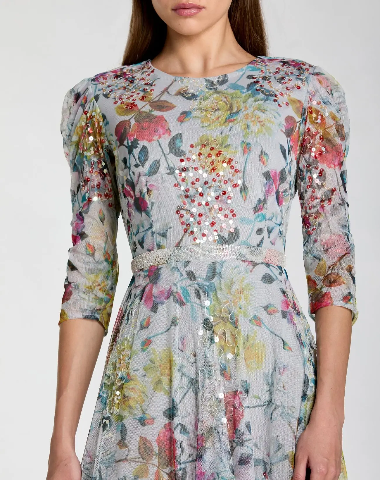 Blue Multicolor Floral Midi Dress With 3/4 Sleeves - Special Events Unlimited