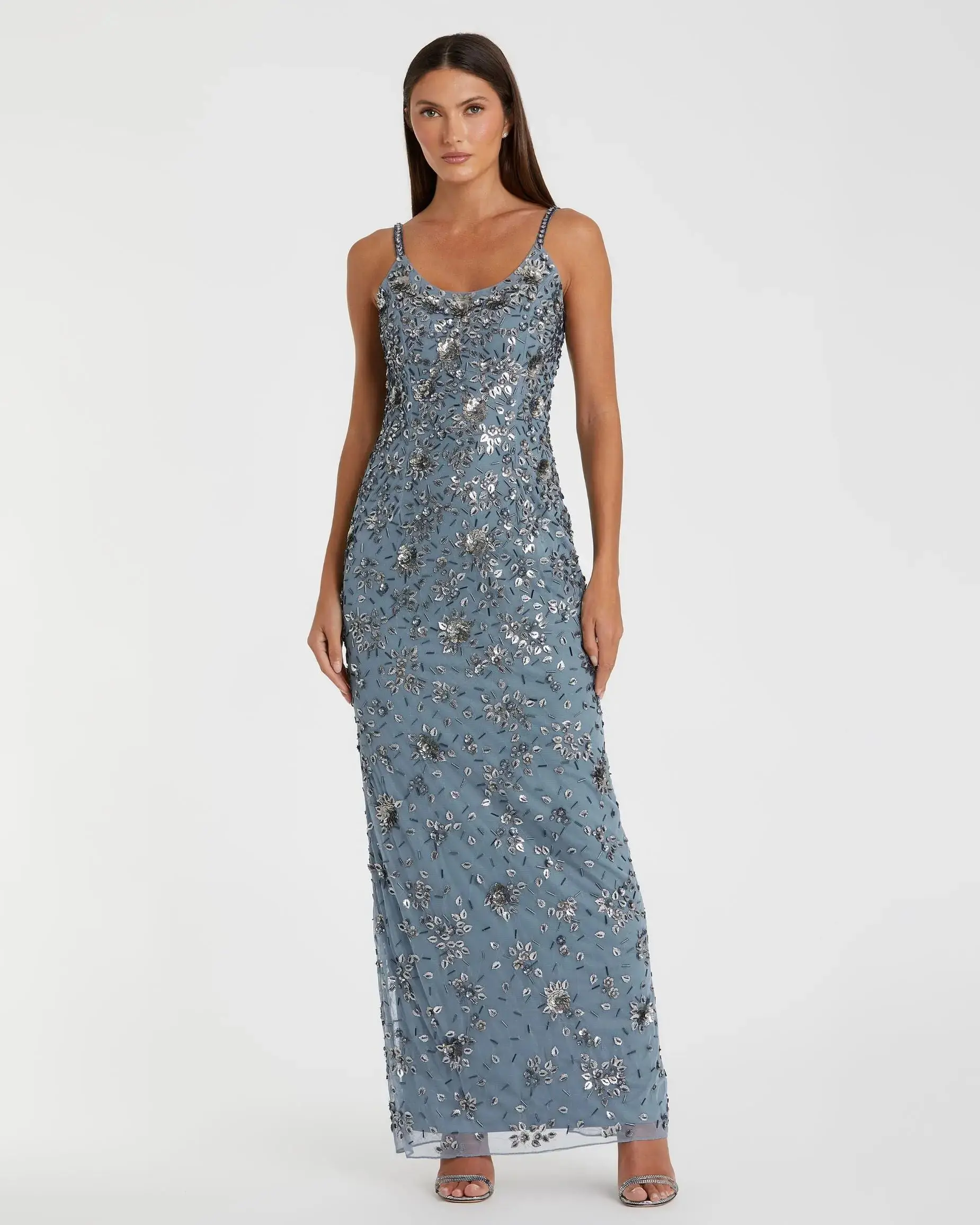 Blue Floral Embellished Scoop Neck Evening Gown - Special Events Unlimited