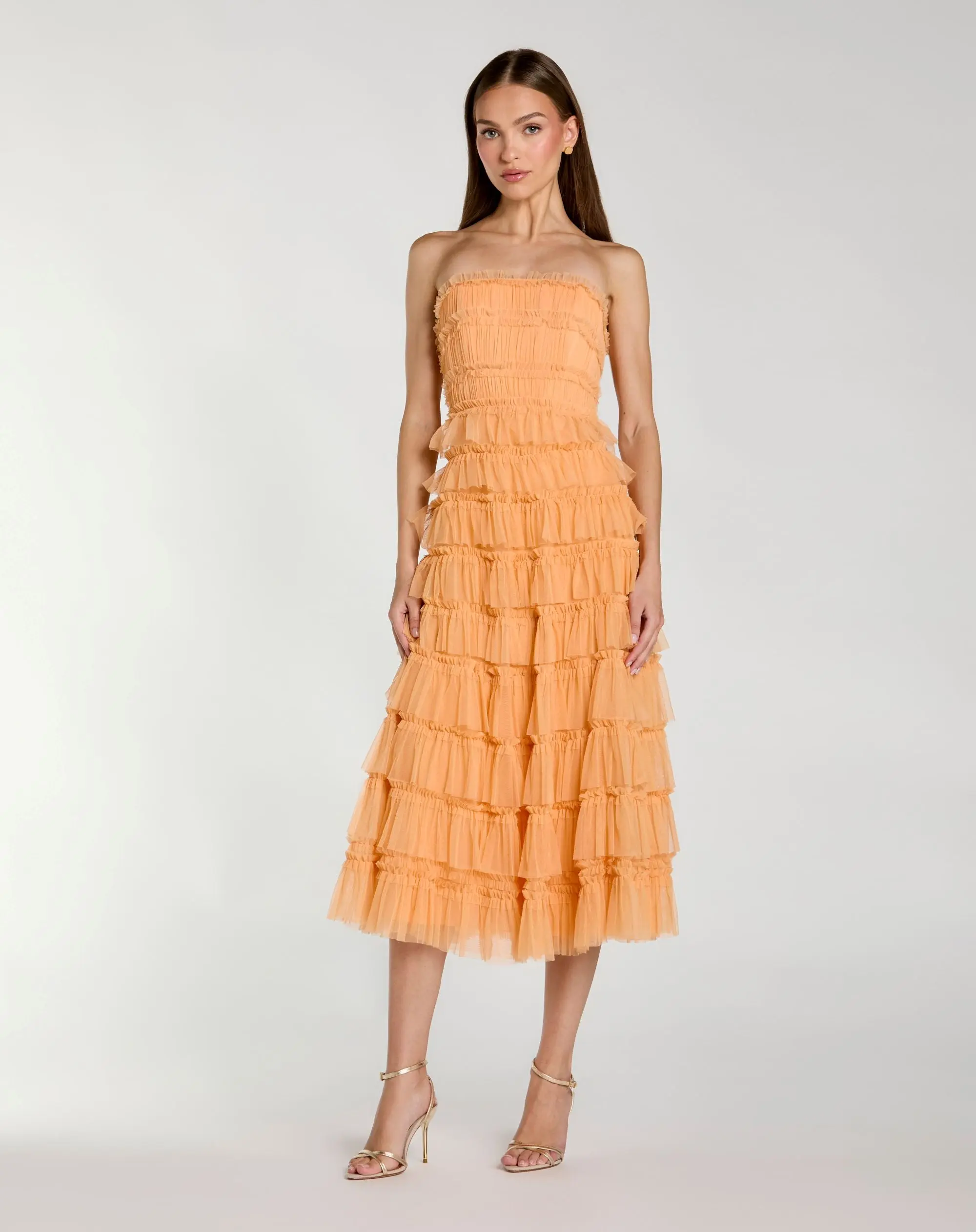 Orange Micro Ruffle Strapless Midi Dress - Special Events Unlimited