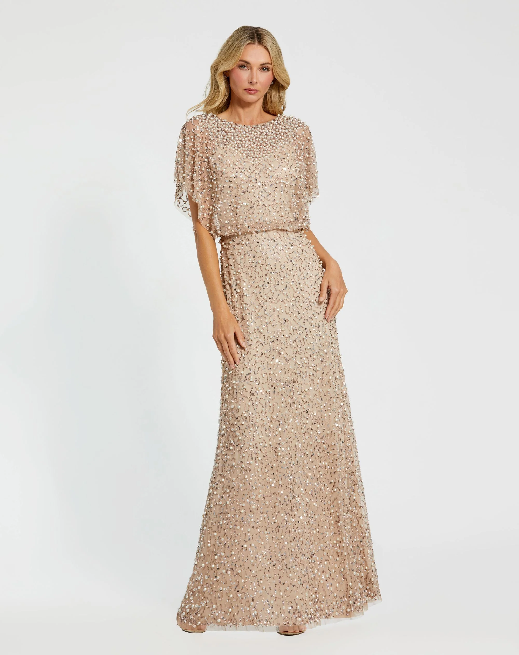 Petite Beige High Neck Short Sleeve Embellished Gown - Special Events Unlimited