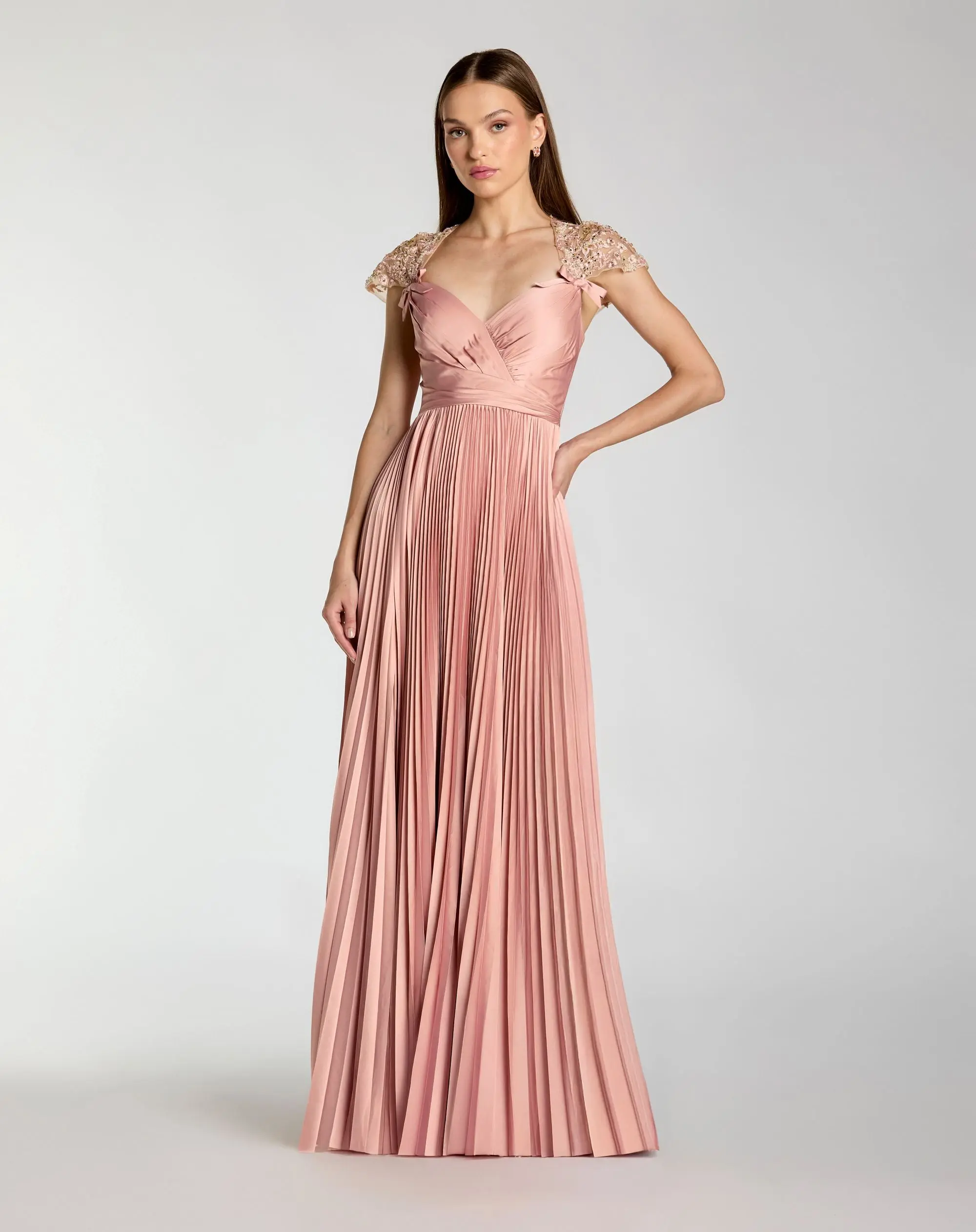 Pink Pleated Charmeuse Embellished Cap Sleeve Gown - Special Events Unlimited