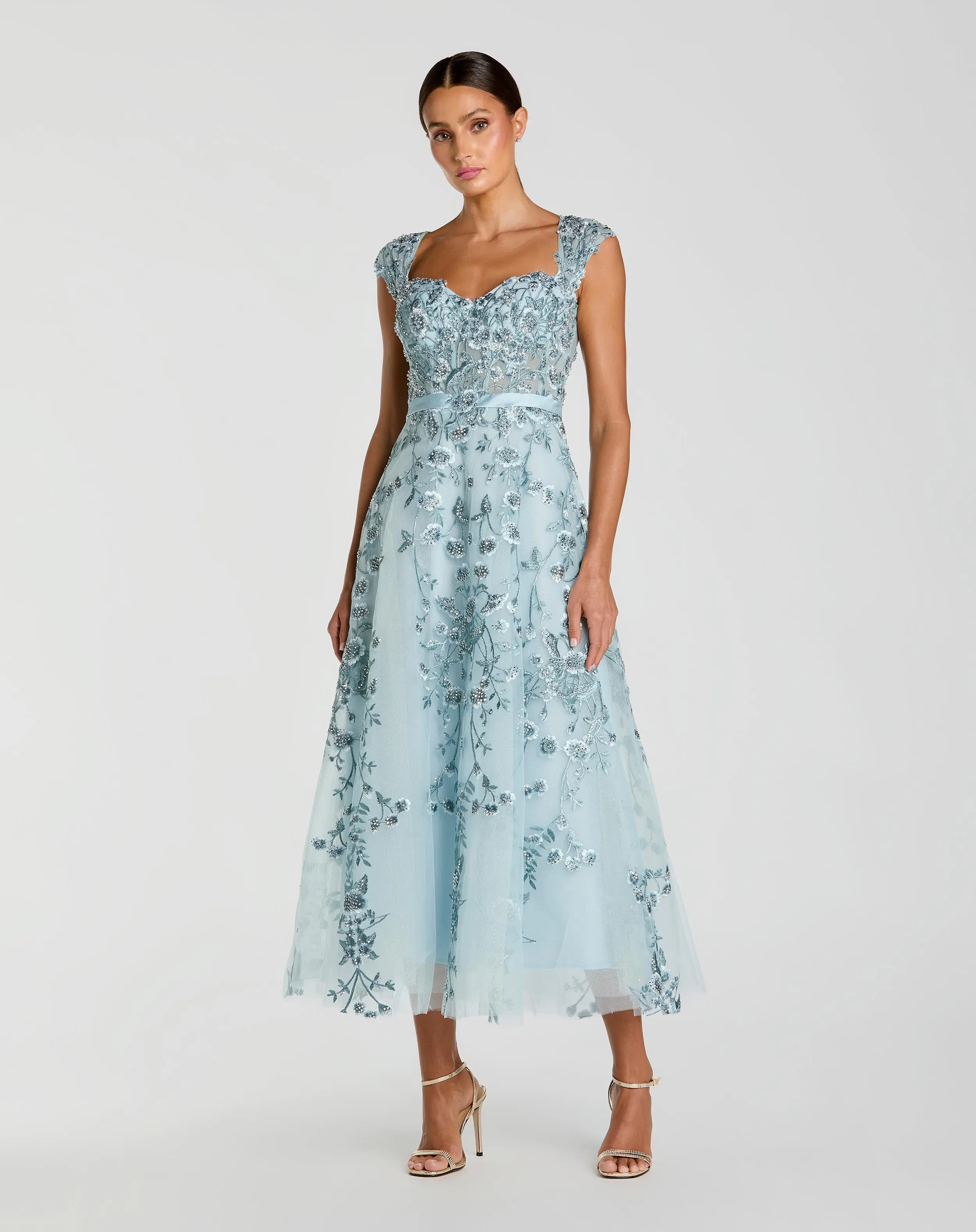 Blue Floral Embroidered Sweetheart Neckline Midi Dress - Special Events Unlimited