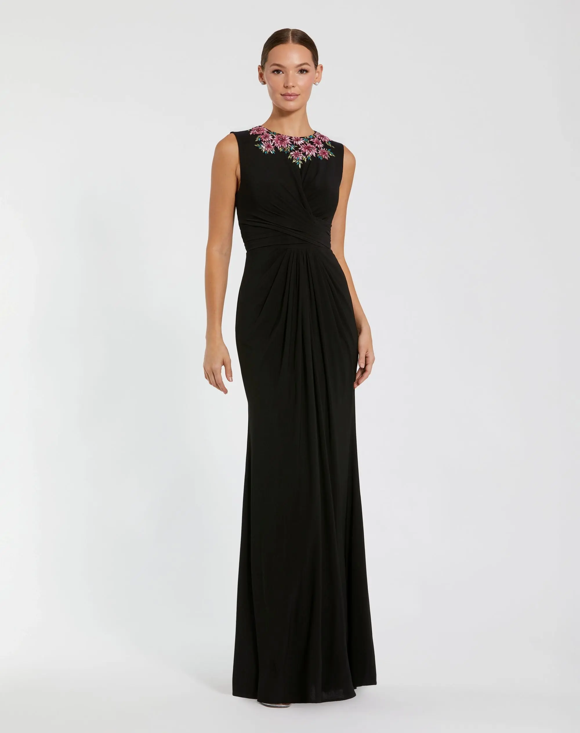 Black Jersey Twist Gown With Embellished Neckline - Special Events Unlimited