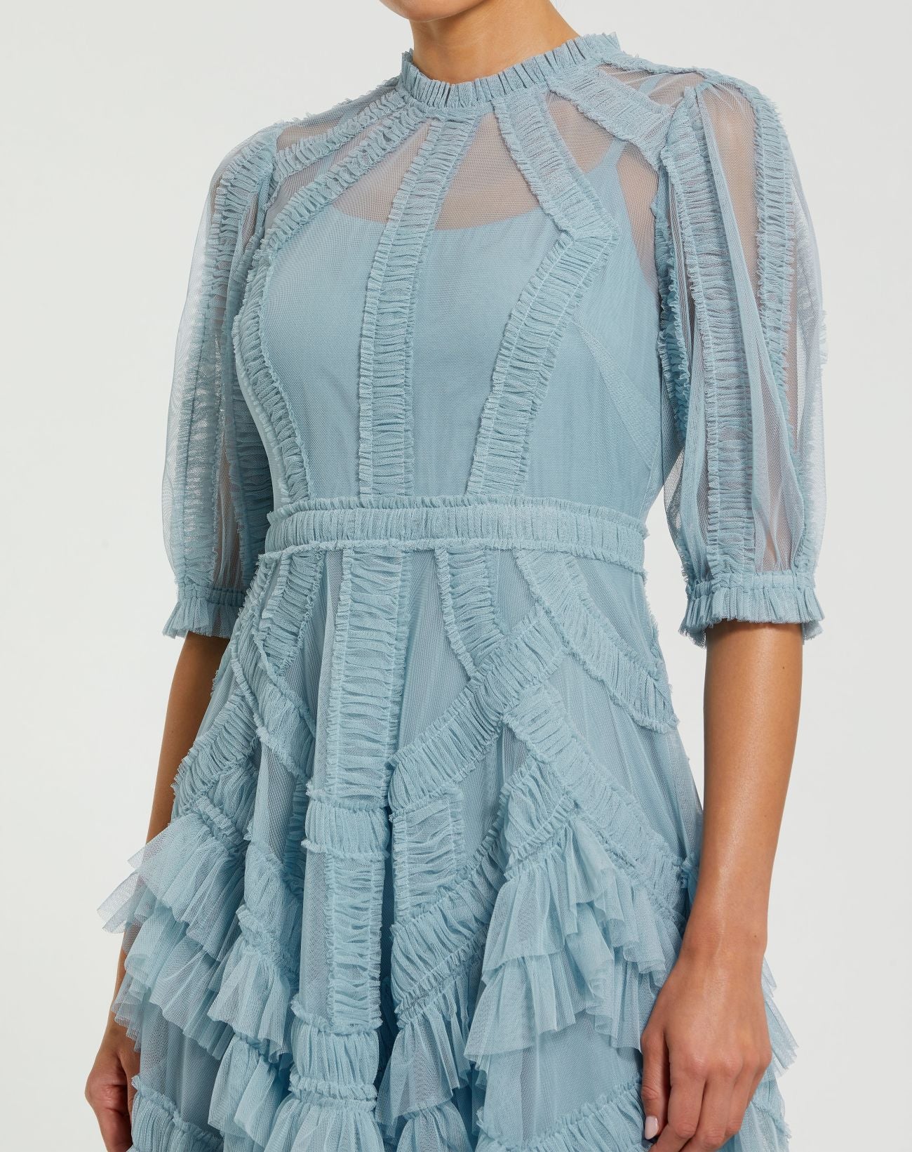 Petite Blue High Neck Ruffle Tiered A-Line Midi Dress - Special Events Unlimited