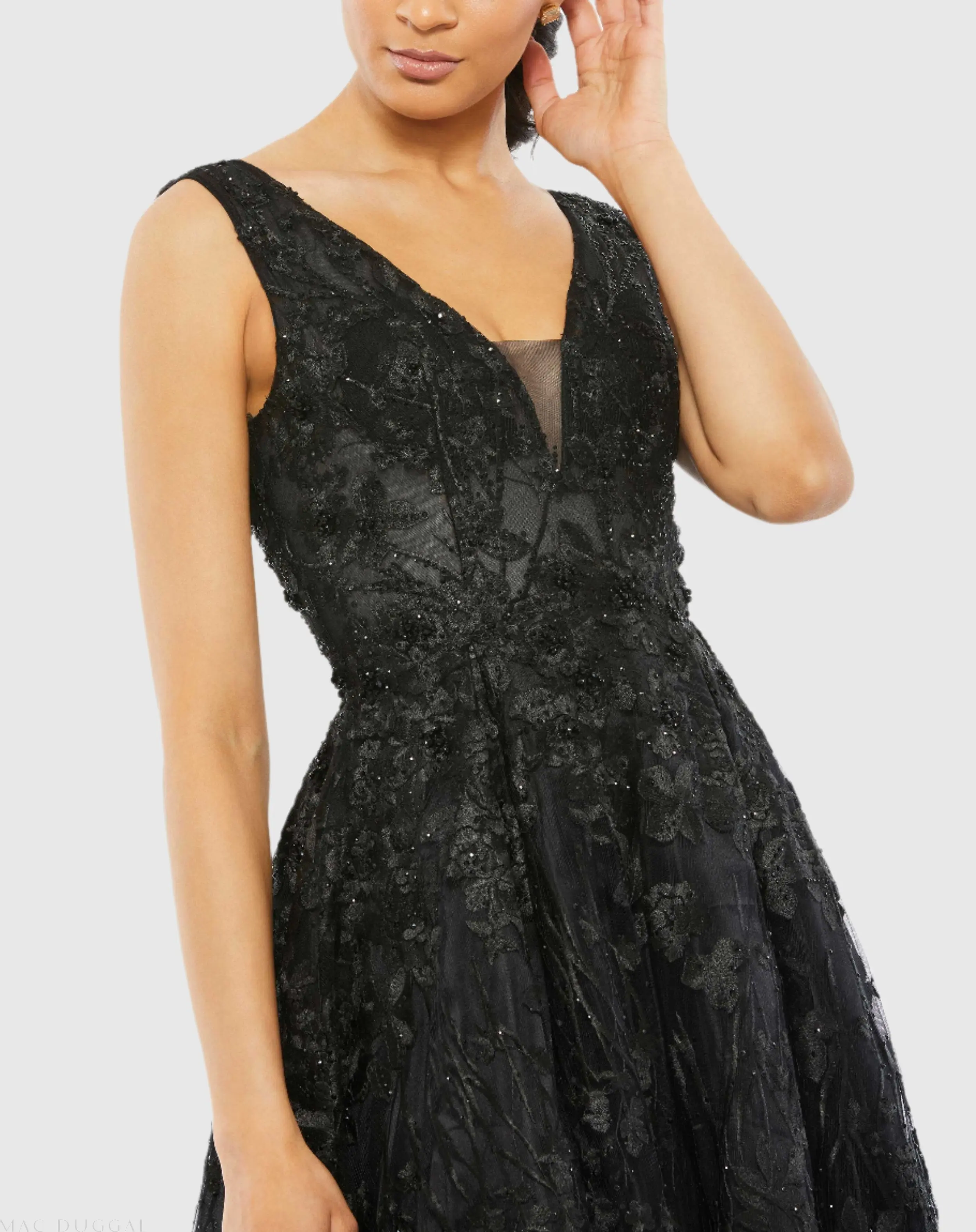 Black Floral Embroidered Illusion V-Neck Gown - Special Events Unlimited